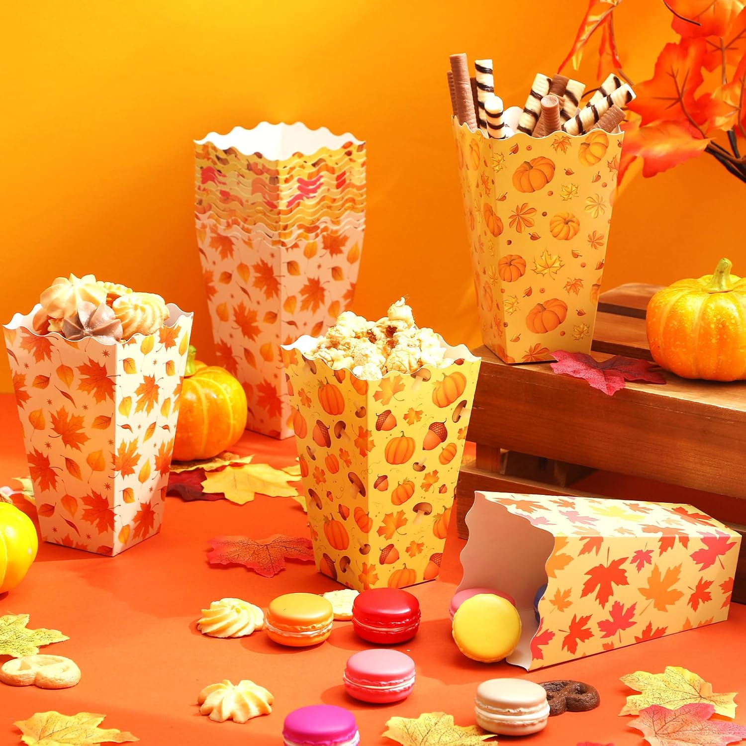 Faccito 24 Pcs Fall Thanksgiving Popcorn Boxes Pumpkin Leaves Popcorn Boxes