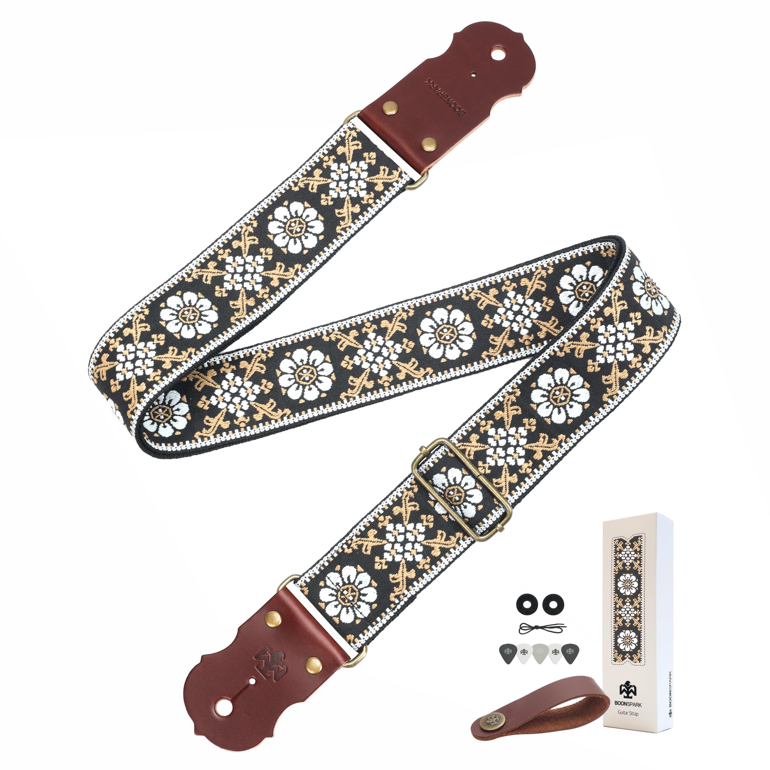 Guitar Strap, Jacquard Embroidery Guitar Straps with Top Real Cowhide Ends Guitar Straps for Electric,Bass and Acoustic Guitars(Embroidered Vintage Brown)