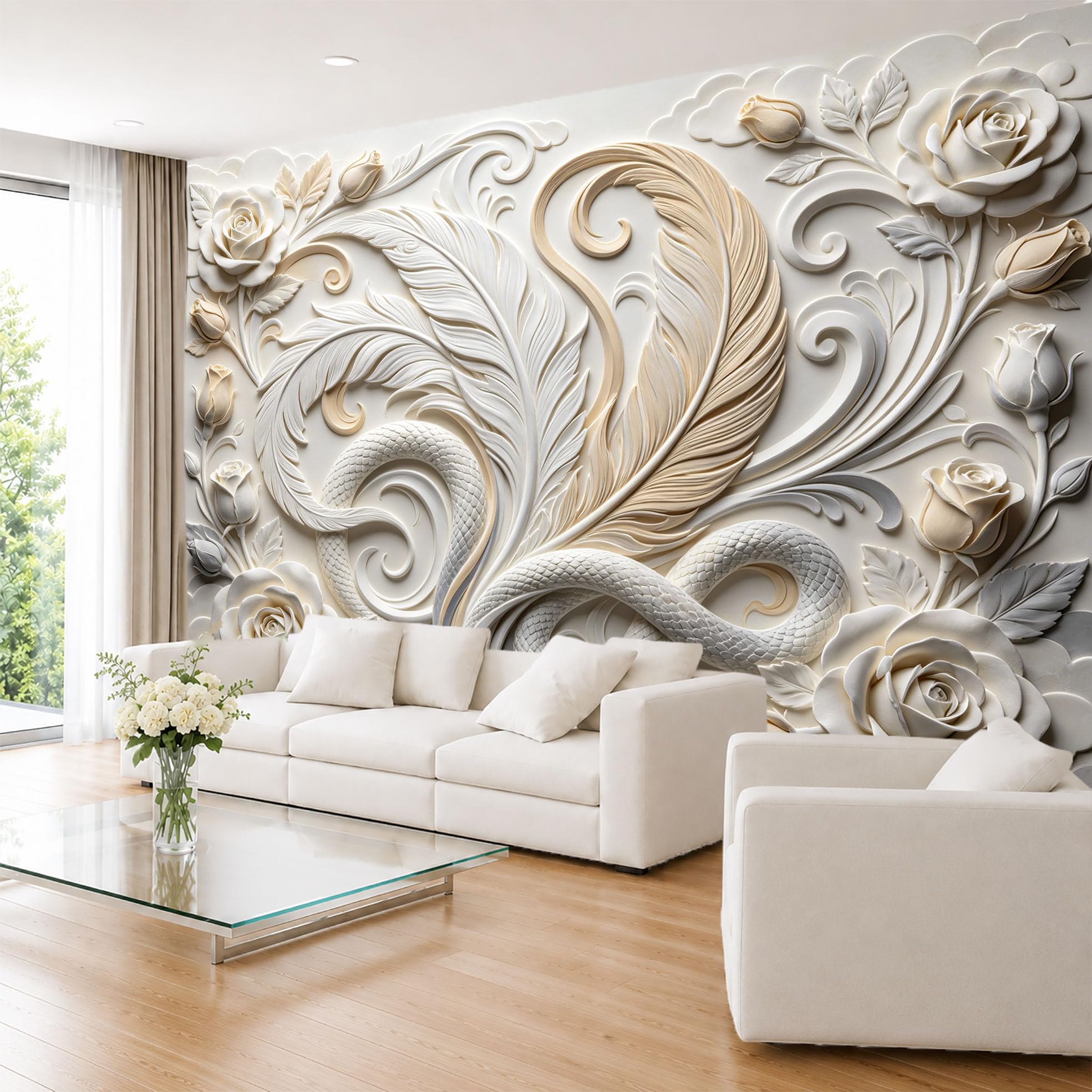 Carta Da Parati Fotografica con Serpente Intrecciato E Grandi Piume Effetto Rilievo Floreale In Gesso Murale Da Parete 210×150 cm (Lxa) Decorazione Fai Da Te per La Casa Rivestimento Murale per Div