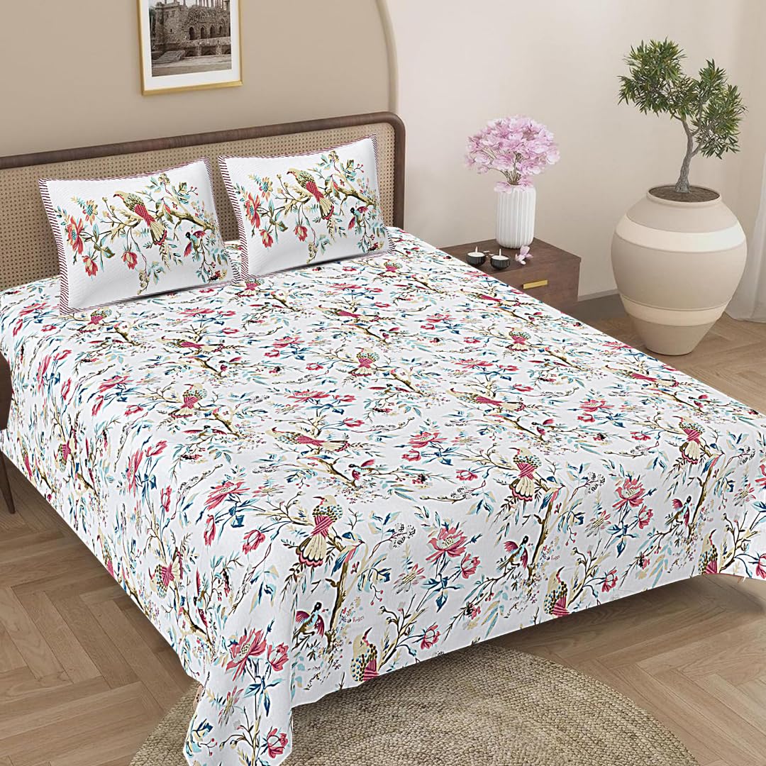 Jaipur Weaves Bedsheet for Double Bed Queen Size-100% Pure Cotton Floral Bed Sheet Set with 2 Pillow Covers,Soft Cozy Jaipuri Bedsheets Set,90X108 Inches(Orange Bird,Queen),144 TC