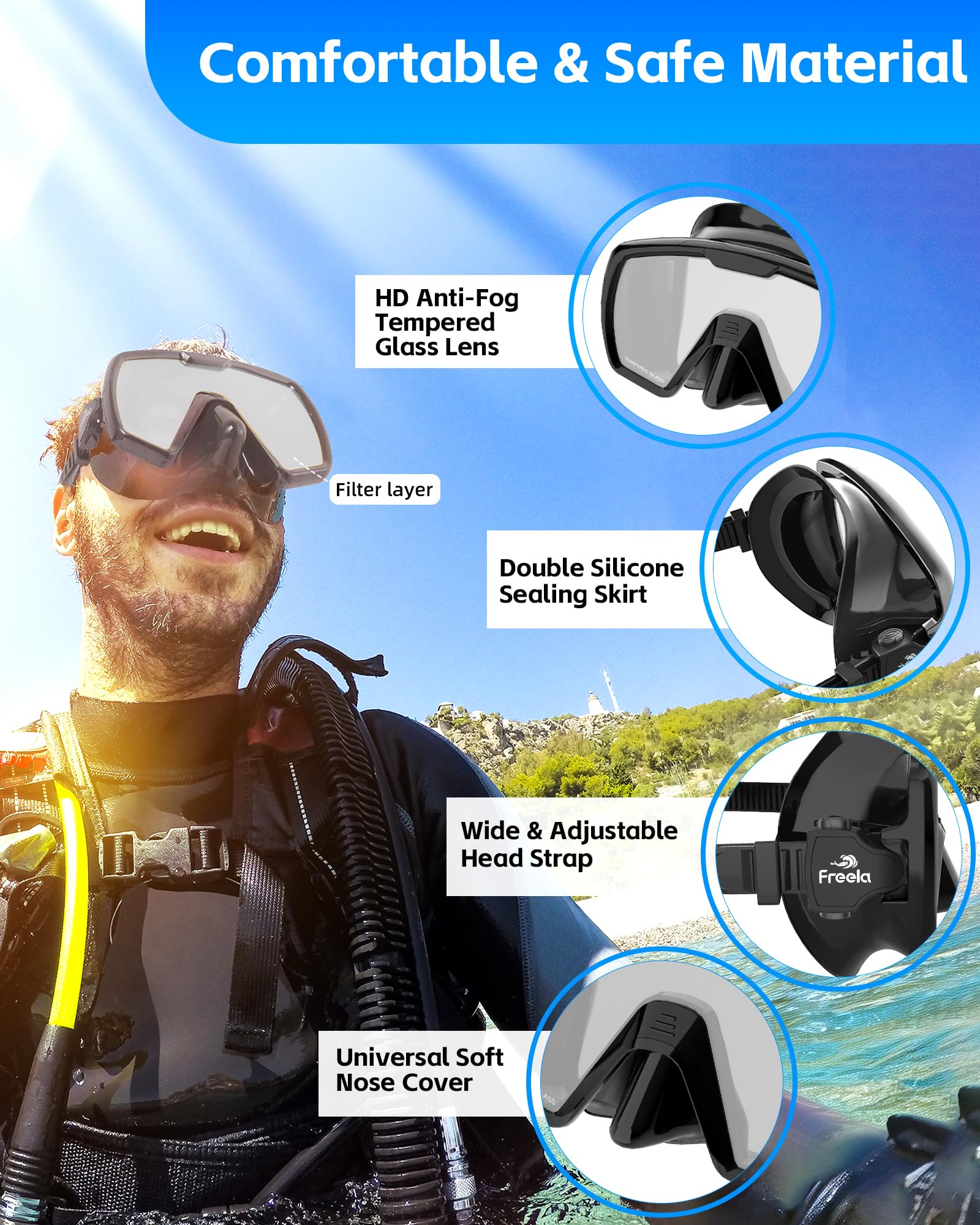 Freela Juego de esnórquel seco para adultos, jóvenes y niños, máscara de buceo con cubierta para la nariz, antivaho de visión amplia de 180°, equipo de esnórquel para hombres y mujeres