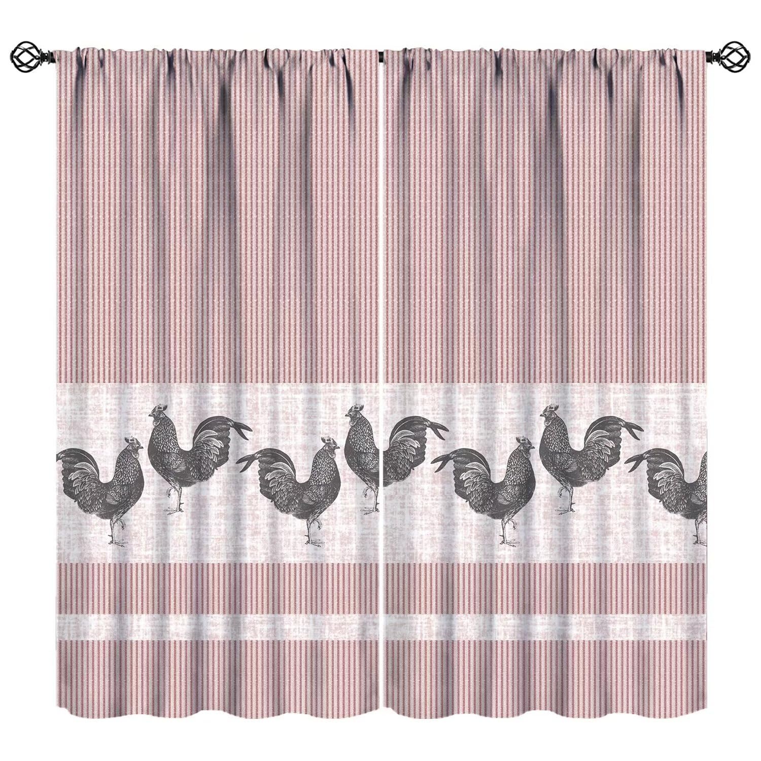 JESTRONRY Rooster Stripe Kitchen Curtains,Farmhouse Rustic Chicken Print Theme Home Decor Rod Pocket Darkening Drapes for Living Room Bedroom 52x84in