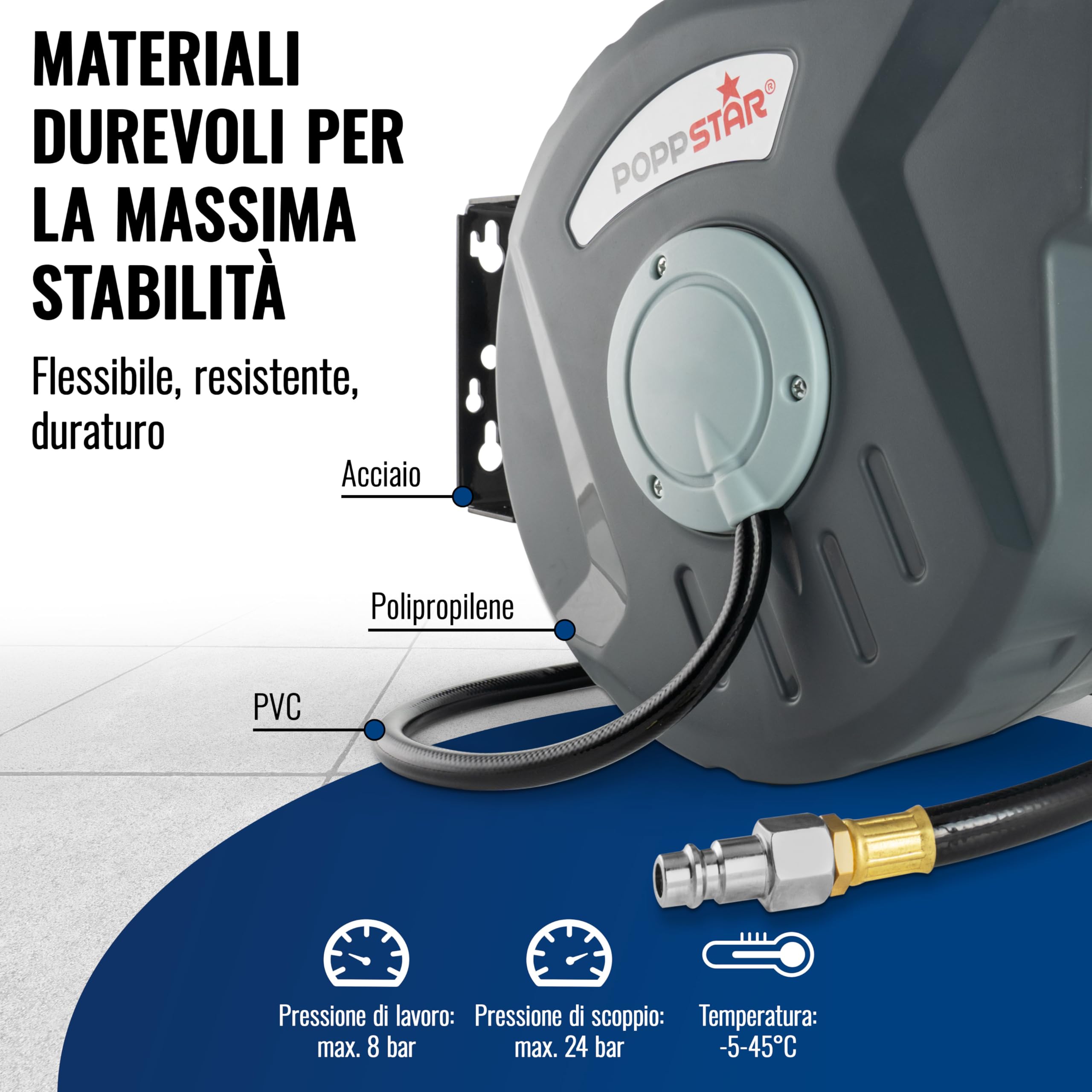 Poppstar Avvolgitubo per tubi ad aria compressa (tubo: 10m + 1m, diametro interno 5/16" (8x12mm), 1/4" BSPT), arrotolatore tubo con riavvolgimento automatico per tubi ad aria compressa