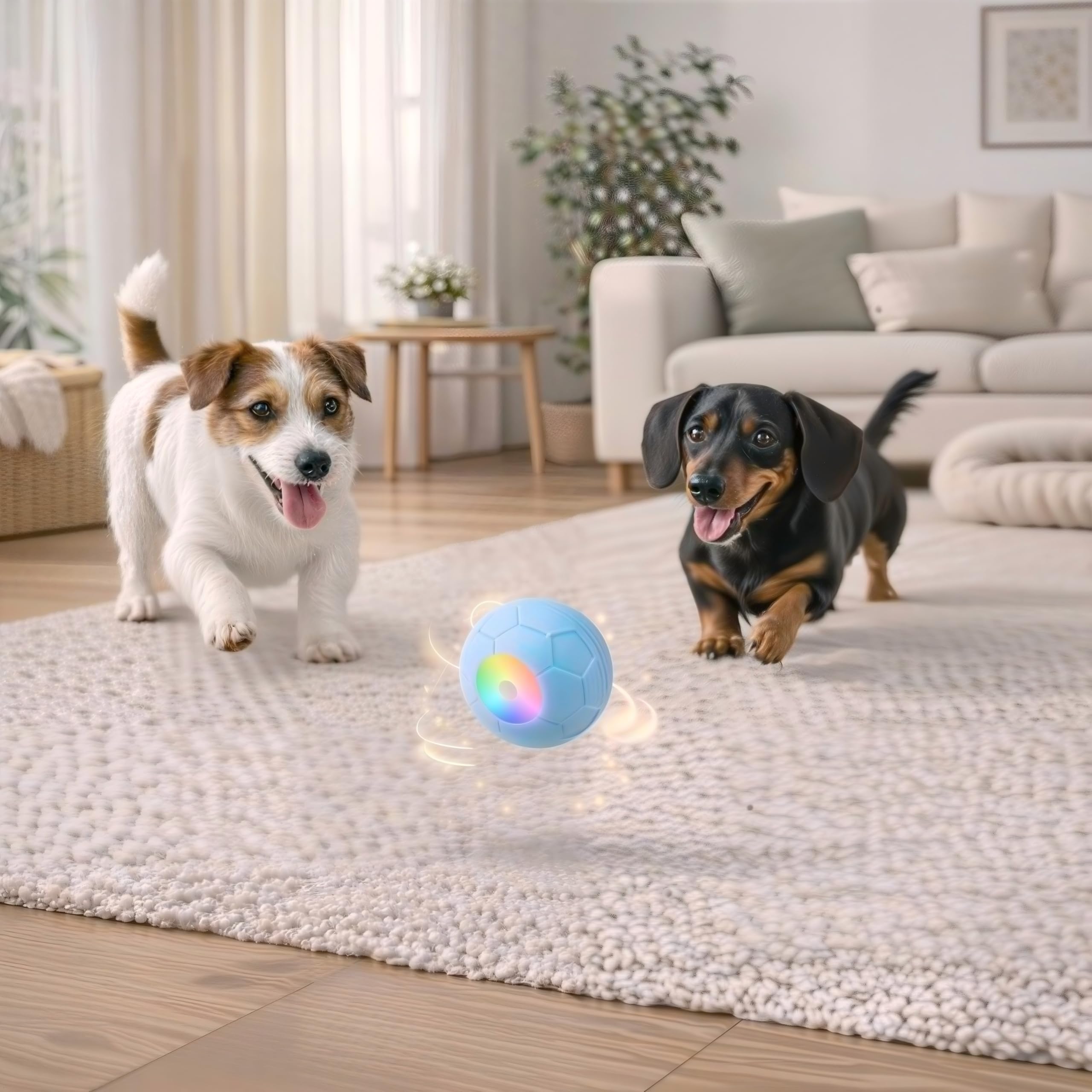 Pet Prime Intelligentes interaktives Hundespielzeug, Automatischer beweglicher Hundeball mit bunten Lichtern, drehbarer Hundeball aus E-TPU-Material, über USB-C wiederaufladbar (Blau)