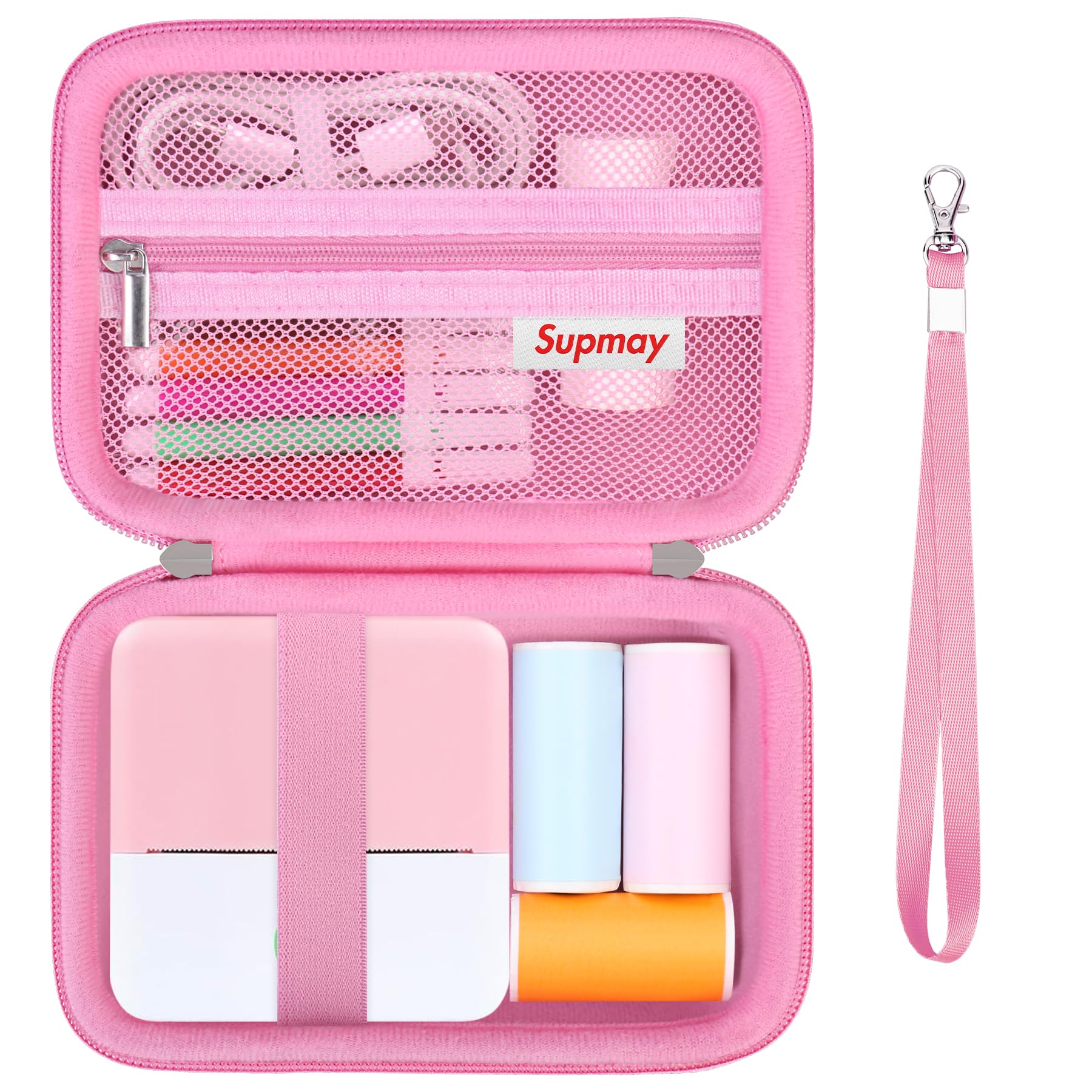 Supmay Carrying Case for cudinham Print Pods Mini Printer, Thermal Inkless Sticker Maker Storage Holder Bag with Mesh Pocket for Rolls Print Pods Printing Paper, Power Cable, Pink2