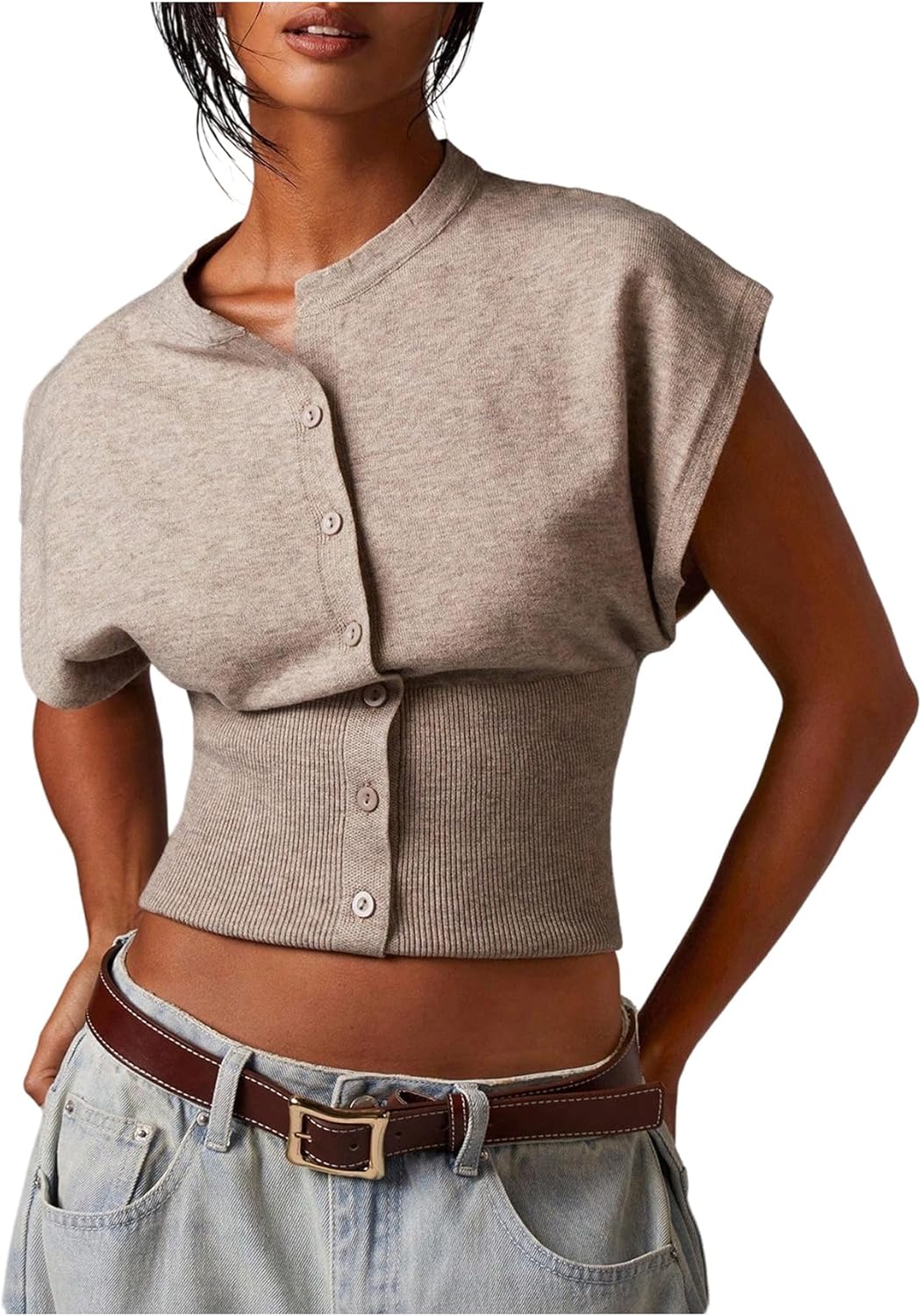 WDIRARA Women's Button Down Sweater Vests Mock Neck Cap Sleeve Knitwear Tops