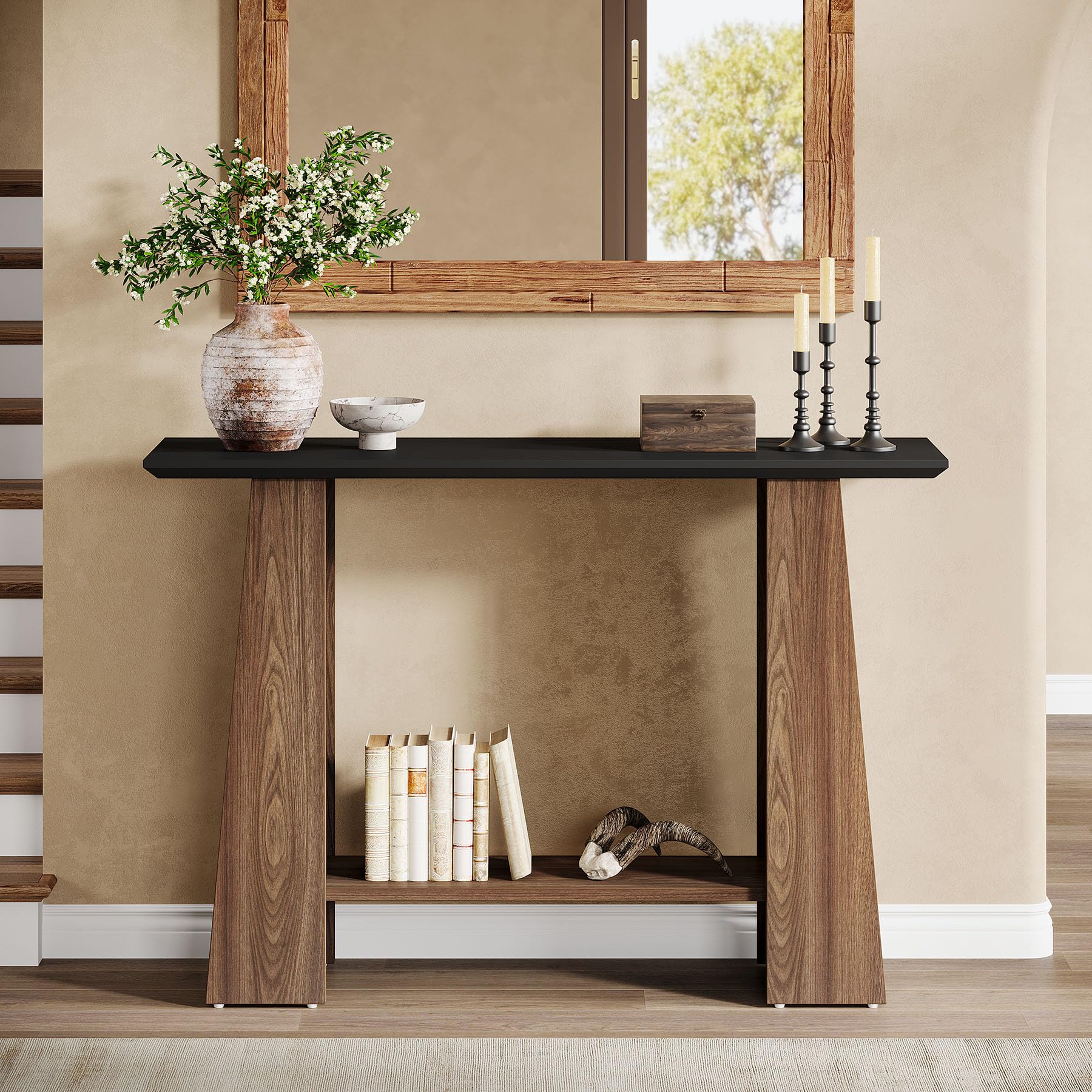 Tribesigns Mid-Century - Tavolino consolle sottile con 2 ripiani, 120 cm, moderno, in legno, per corridoio, dietro il divano, per soggiorno, corridoio, ingresso, piccoli spazi, nero e noce
