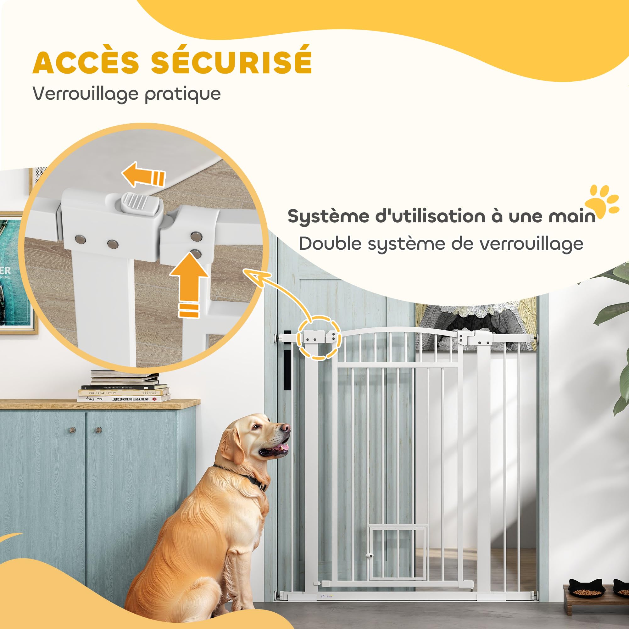 PawHut Barrière de sécurite Chien Extensible 76-104 x 106 cm, barrière d'escalier et de Portes avec système de Double Verrouillage, Montage par Pression ou perçage, barrière de Chien et Chat, Blanc