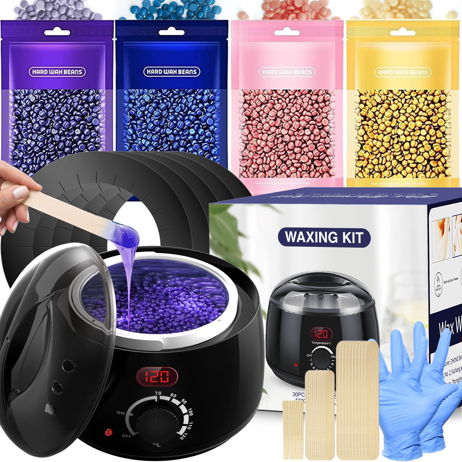Kit de depilación para mujeres y hombres: calentador de cera con pantalla digital, visualización precisa de la temperatura, paquete de 4 cuentas de cera dura, 3 varillas aplicadoras