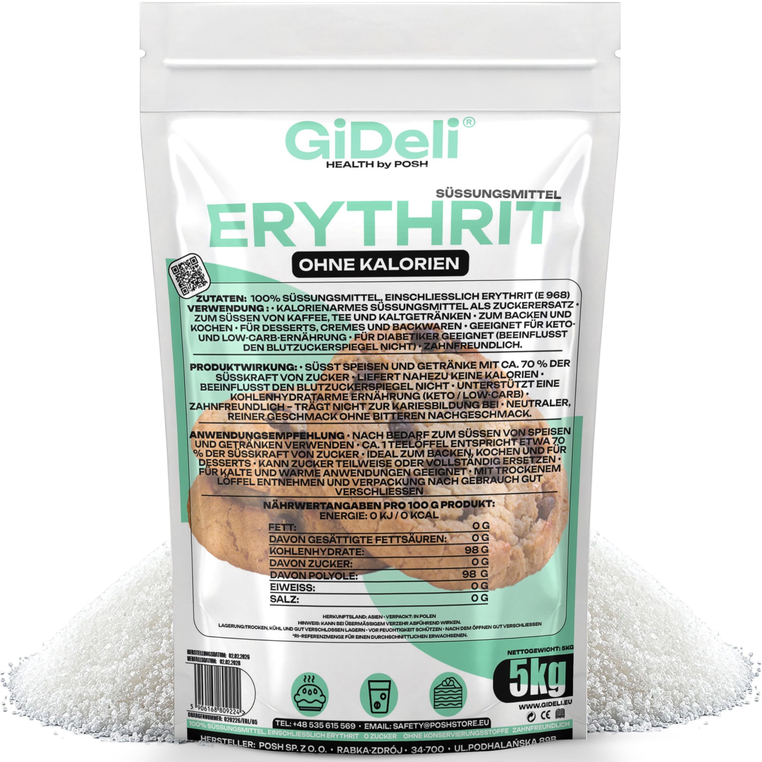 GiDeli Erythrit 5kg kalorienfreier Kristallzucker lebensmittel Ersatz als Vegane & zahnfreundliche Zucker Alternative