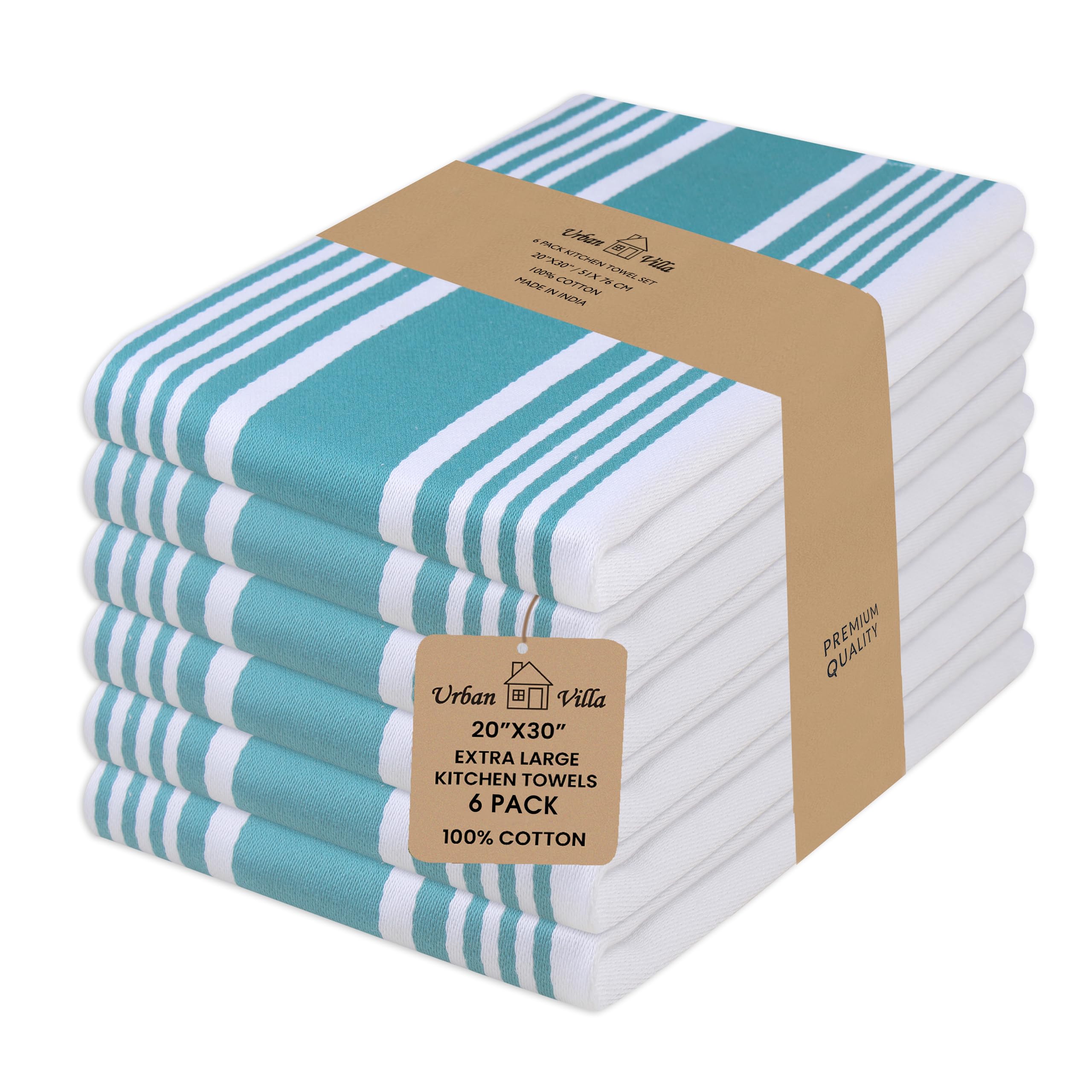 Urban Villa Kitchen Towels,Trendy Stripes, 100% Cotton Dish Towels, Mitered Corners, (Size: 20X30 Inch), Teal/White Highly Absorbent Bar Towels & Tea Towels - (Set of 6)