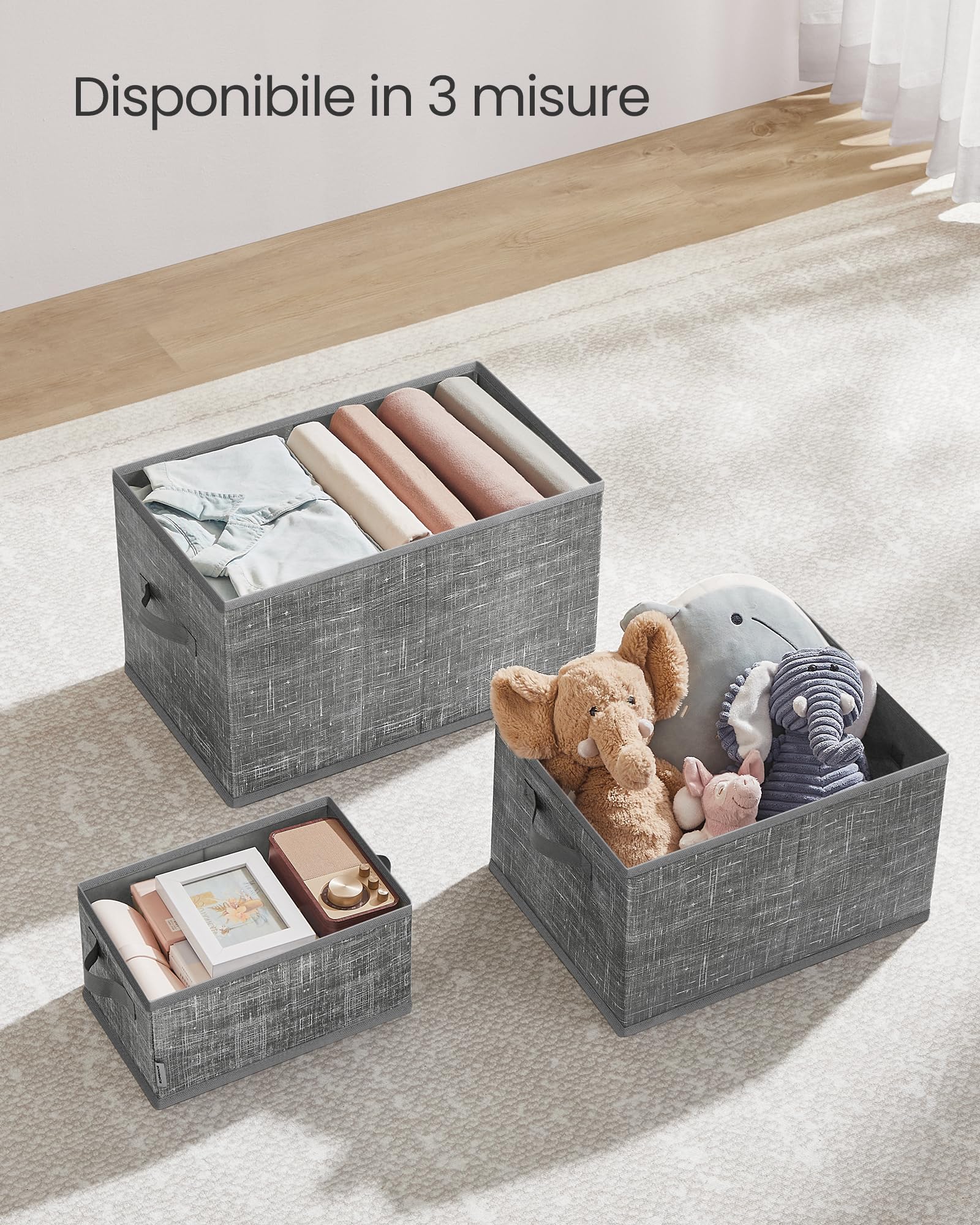 SONGMICS Scatole Portaoggetti Pieghevoli, Set di 3 Contenitori, 40 x 30 x 24 cm, Organizzatori per Armadio, 2 Maniglie, Portaetichette, per Camera da Letto Soggiorno, Grigio Giunco ROB440G01