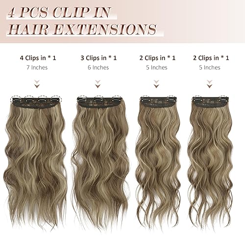 Miniatura 2 de FESHFEN Extensiones de cabello con clip, 4 piezas, largo, ondulado, grueso, resaltado, extensiones de cabello sintético de cabeza completa para