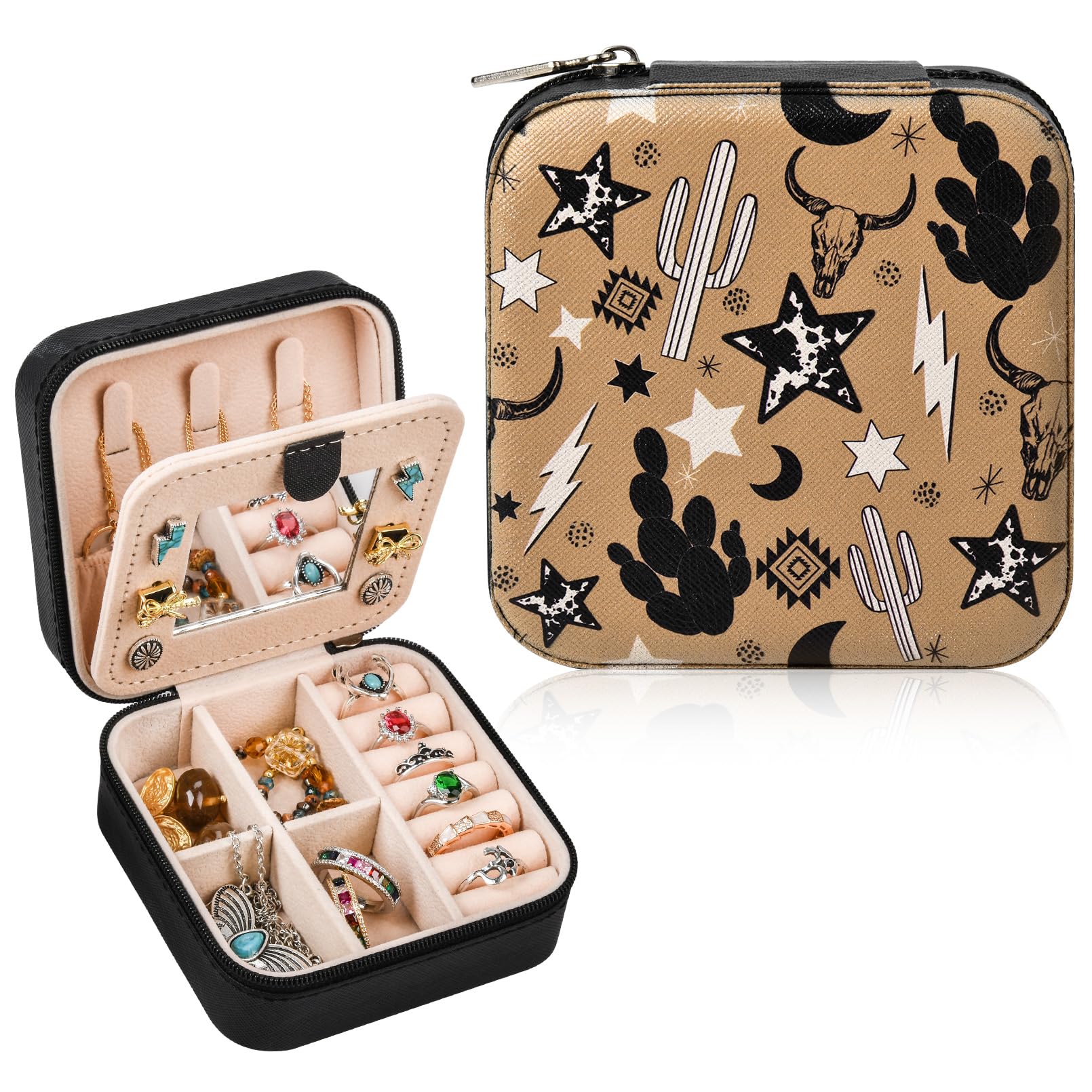 CEELGON Western Jewelry Box Case Cow Print Travel Jewelry Organizer Christmas Gifts for Women Country Girls Cowgirl Stuff Small Portable Travel Accessories for Women -Black Brown