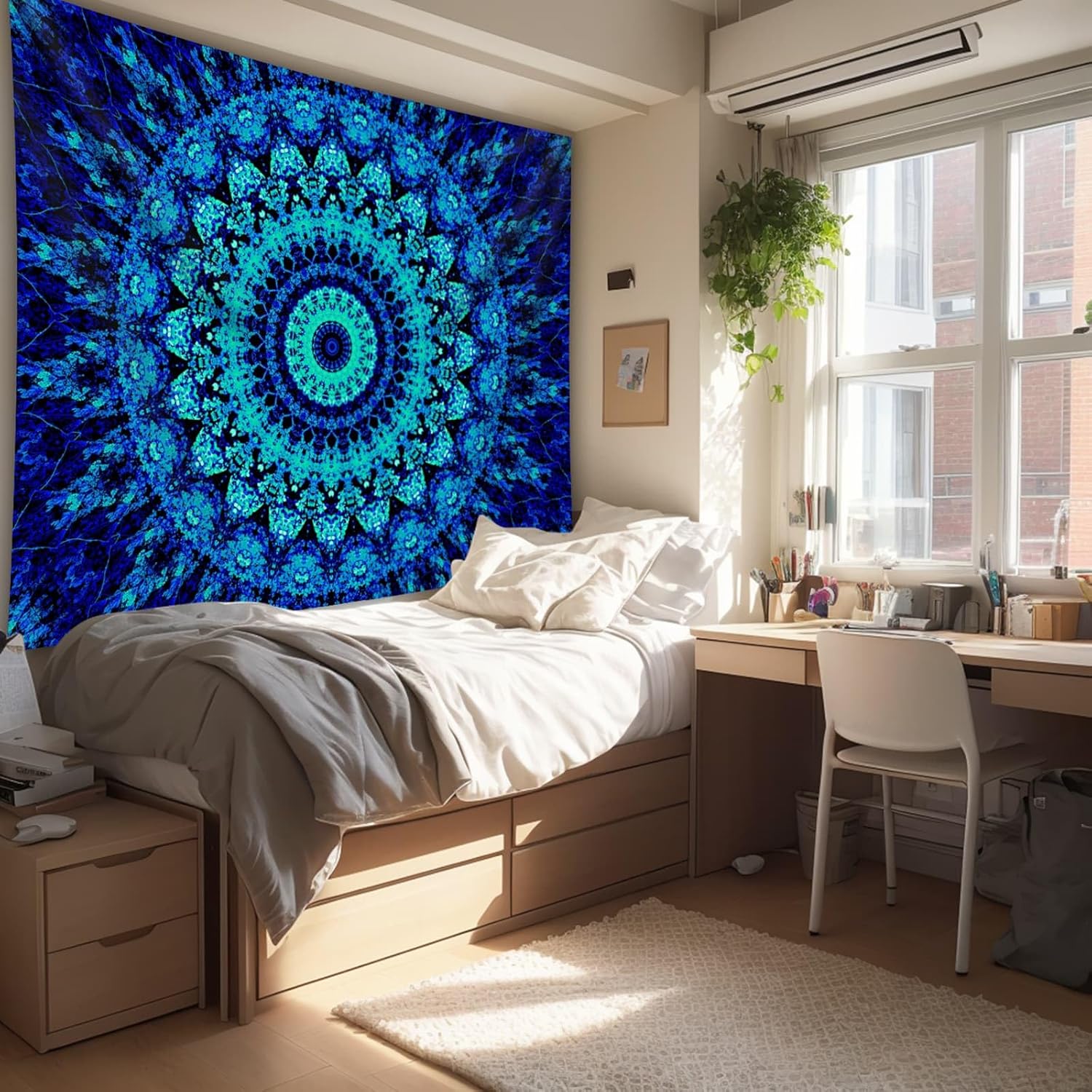 PSYHILAR Blacklight Mandala Tapestry for Bedroom, Black Light Posters for Adults and Teens, Neon UV Reactive Aesthetic Bohemian Wall Art Decor (80 x 60 Inches)