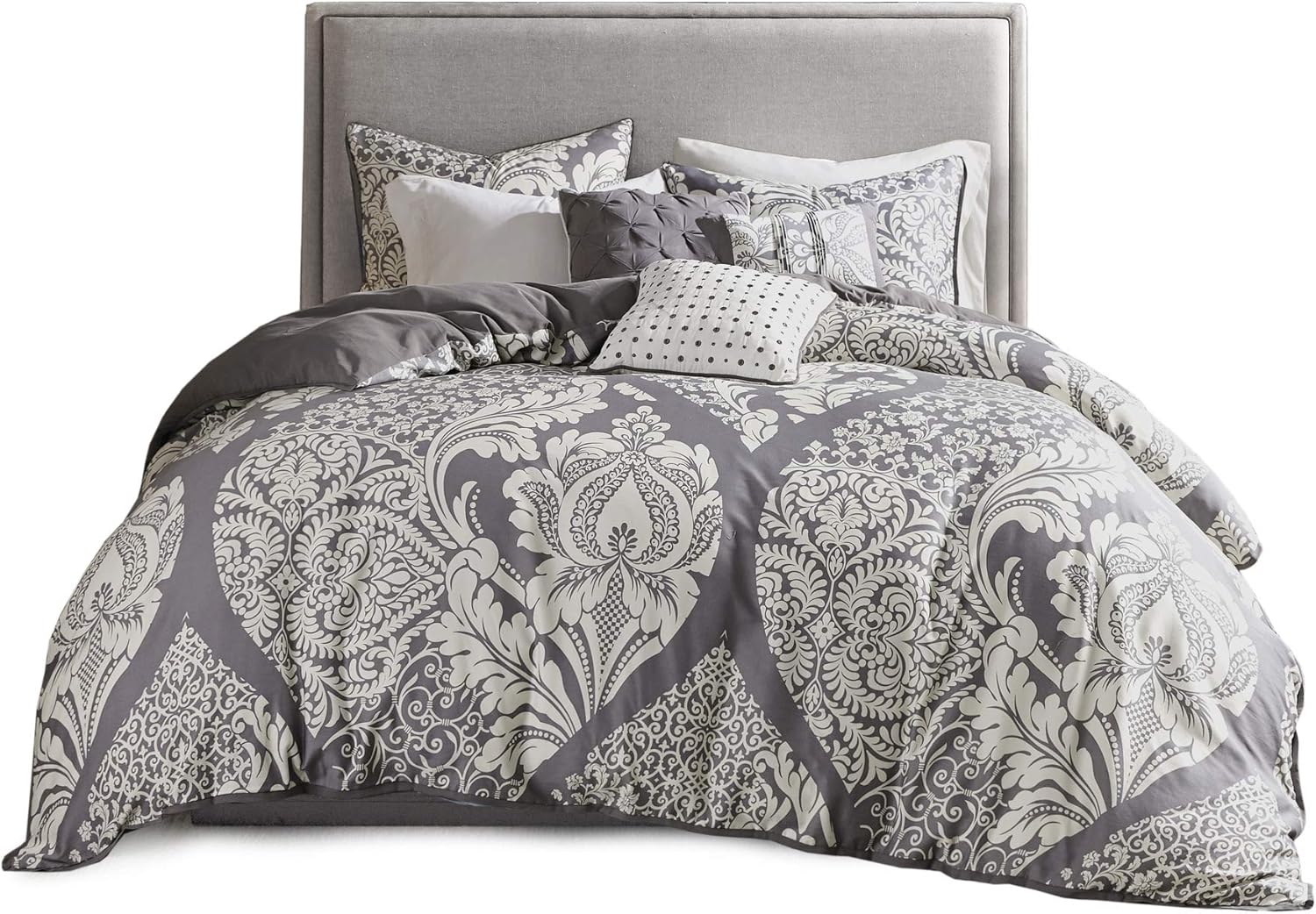 Madison Park Vienna Cotton Poly Blend Duvet Set - Classic Traditional Design, Cozy All Season Comforter Cover, Matching Shams, Decorative Pillows Vienna, King/Cal King(104"x92"), Grey 6 Piece