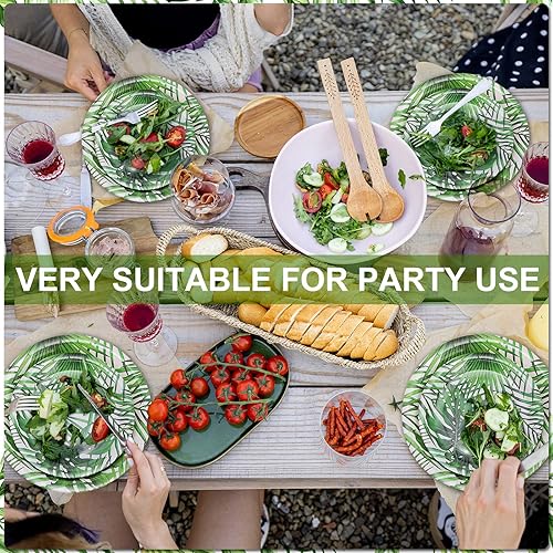 Miniatura 5 de Fuutreo 100 platos de papel tropical para fiesta, hojas de palma verdes, platos de papel de postre de 7 pulgadas y 9 pulgadas, platos desechables