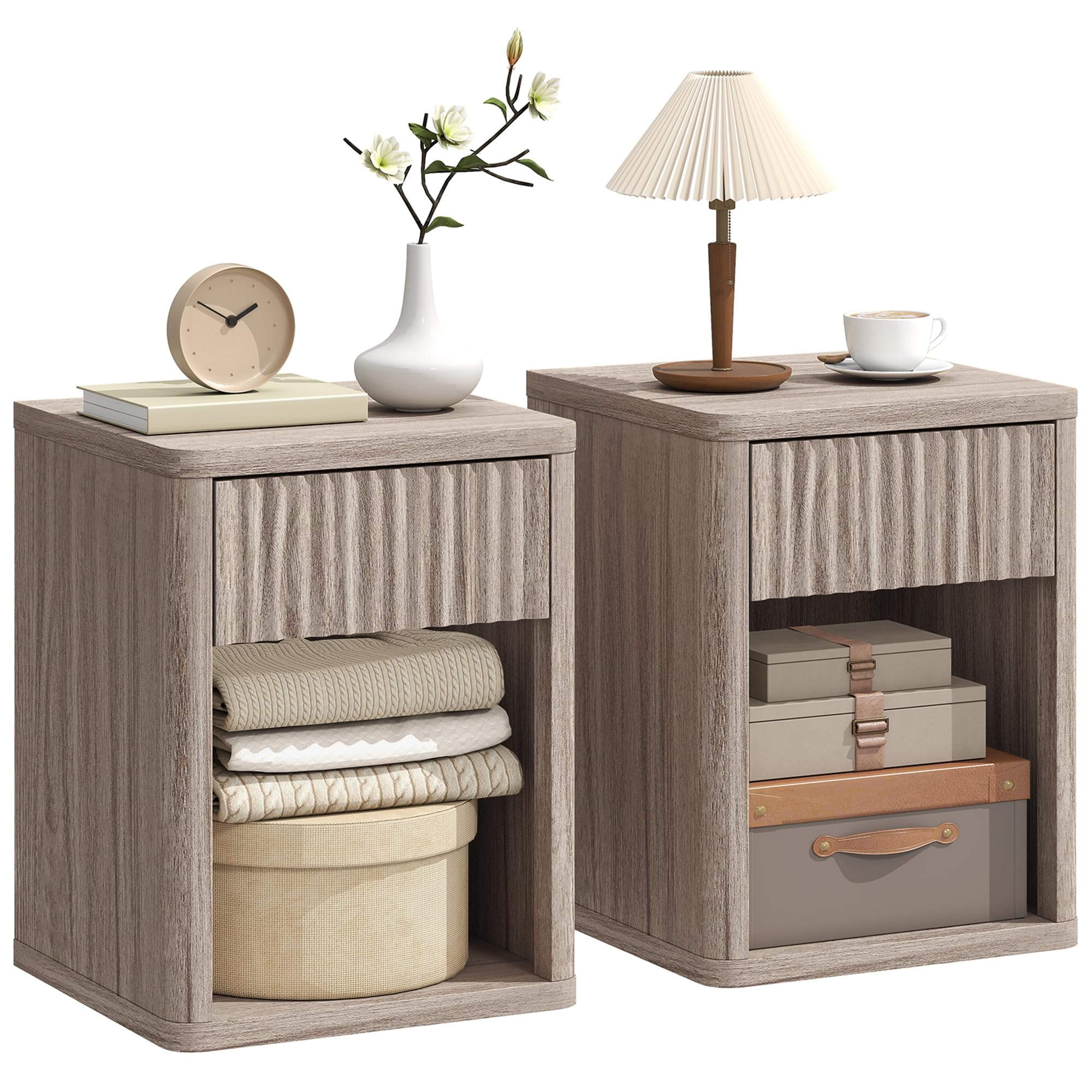 HOMCOM Modern Bedside Table Set of 2, Bedside Cabinet with Drawer and Open Shelf, Side End Table, Nightstand for Bedroom, Oak