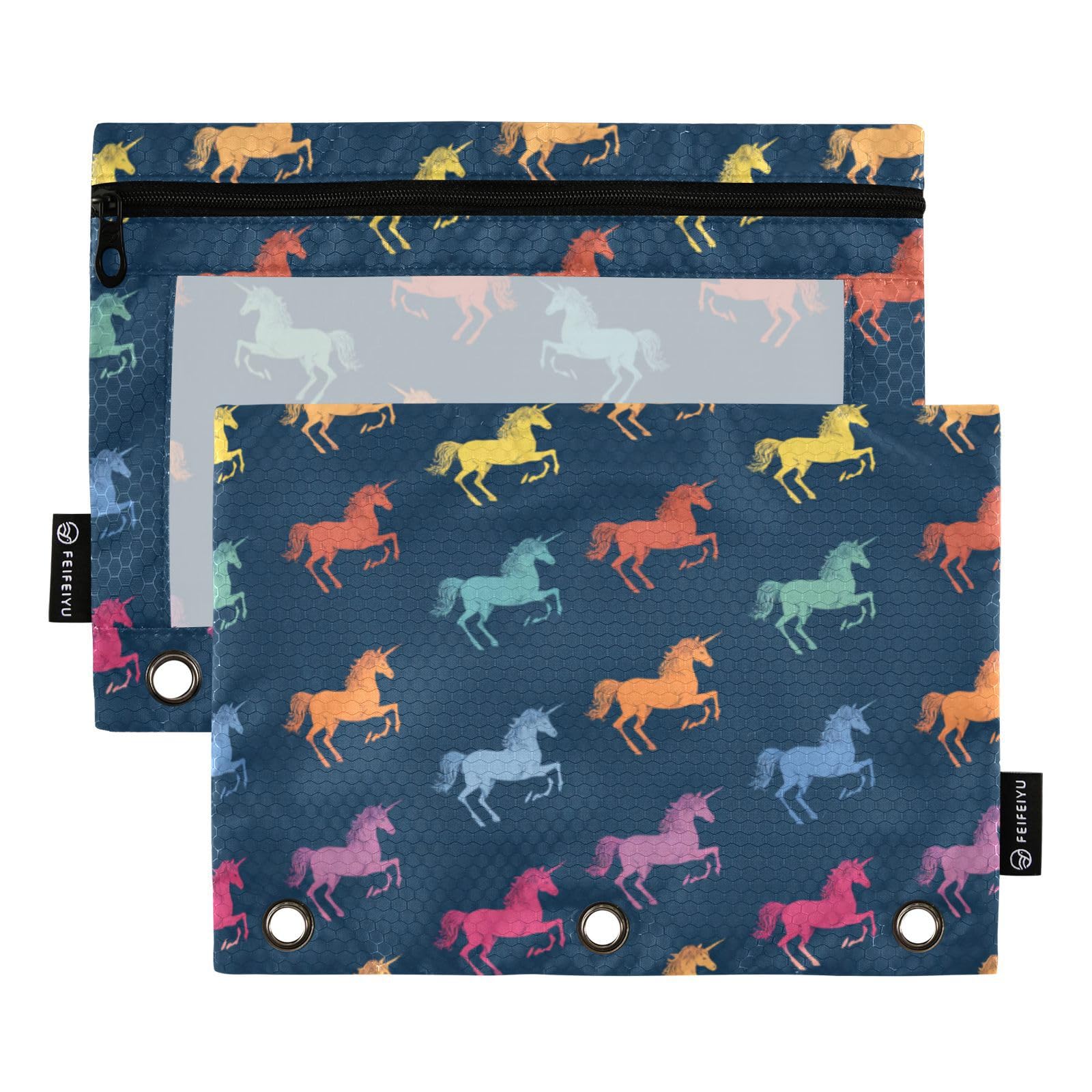 Binder Pouches 3 Ring for Boys Girls Rainbow Unicorn Zipper Pencil Pouches Case Bag with Clear Window School College Office Supplies 2 Pack