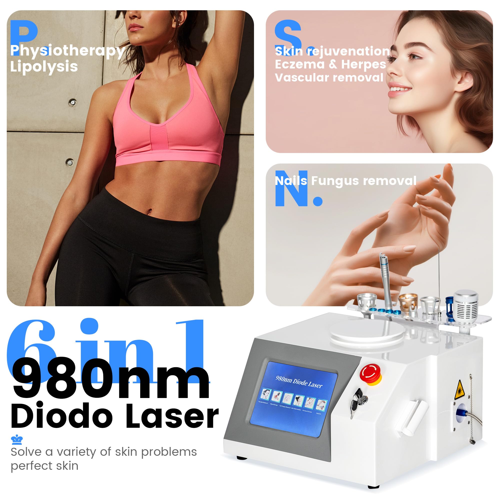 980nm Dioden-Laser Gerät – 6-in-1 Multifunktionsgerät für Haut-, Nagel- und Körperpflege mit Zubehörset