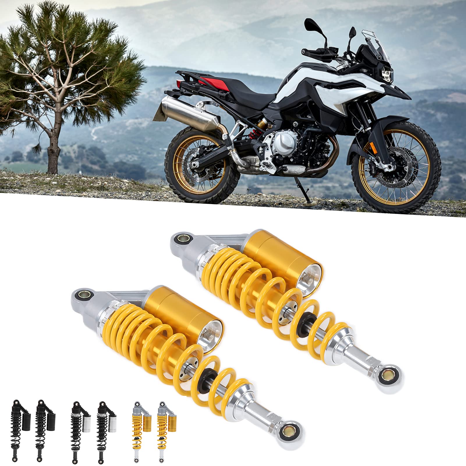 Yctze Amortyzator Motocyklowy Para Aluminium i żelaza 340mm Tylna Sprężyna Zawieszenia Uniwersalna dla ATV SUV Motocykl(żółty)