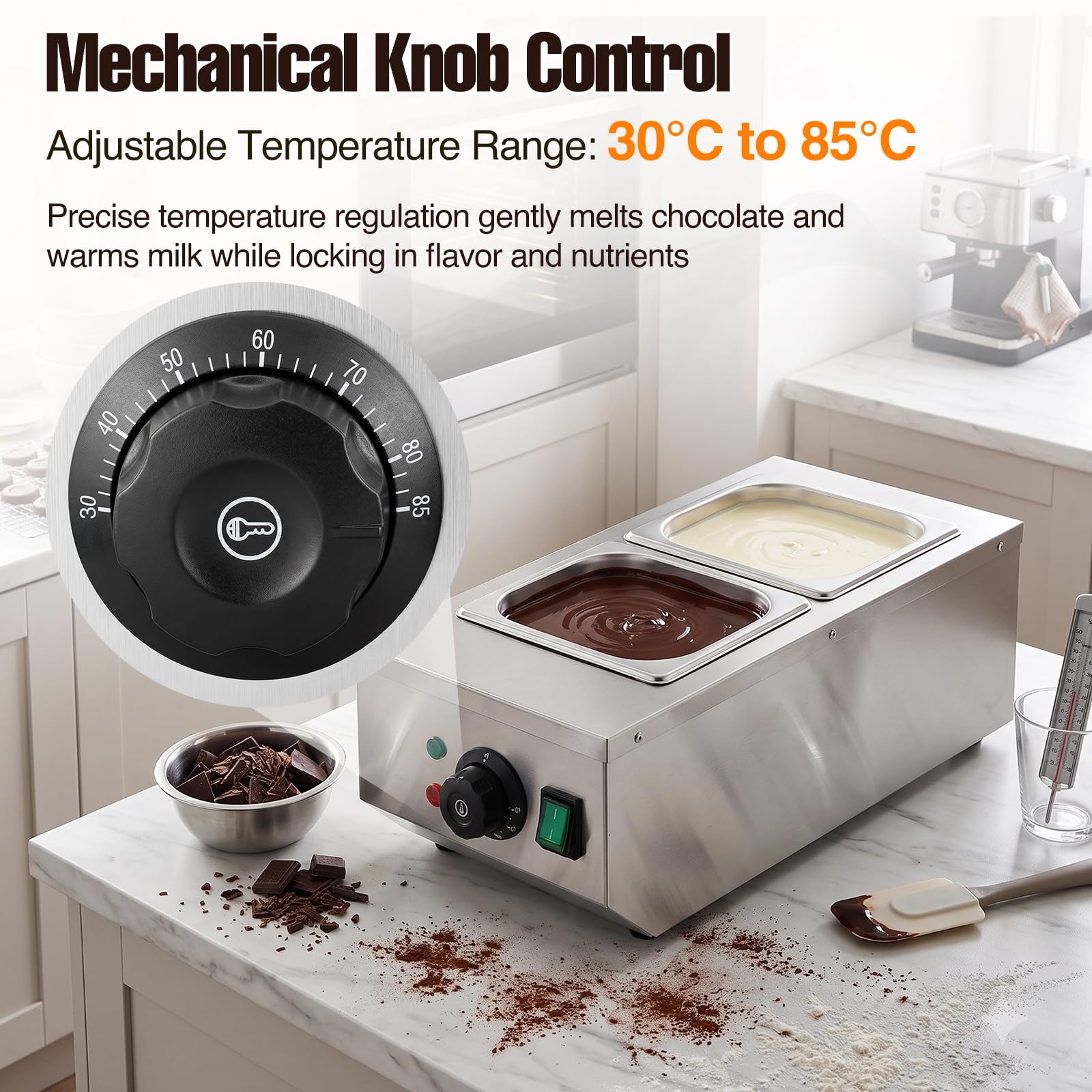 Tempéreuse à Chocolat Commerciale 800 W, Fondoir à Chocolat en Acier Inoxydable, Bain-Marie Électrique à 2 Cuves 1,5 L, Température Réglable 30-80°C, Pour Chocolat Beurre Crème Lait