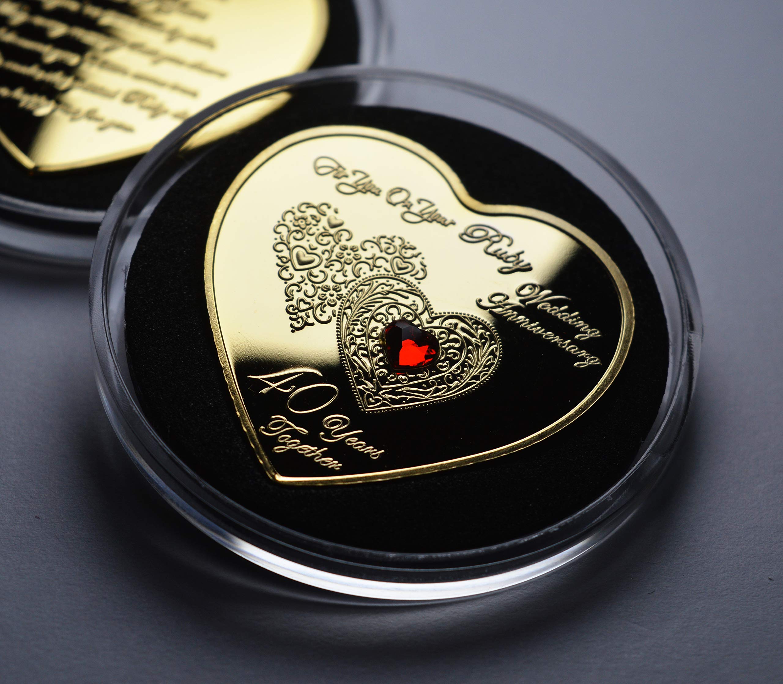 The Commemorative Coin Company 40th RUBY WEDDING ANNIVERSARY 24ct Gold Heart Shaped Commemorative in Capsule with Gemstone. Gift/Present 40 Forty Years Together
