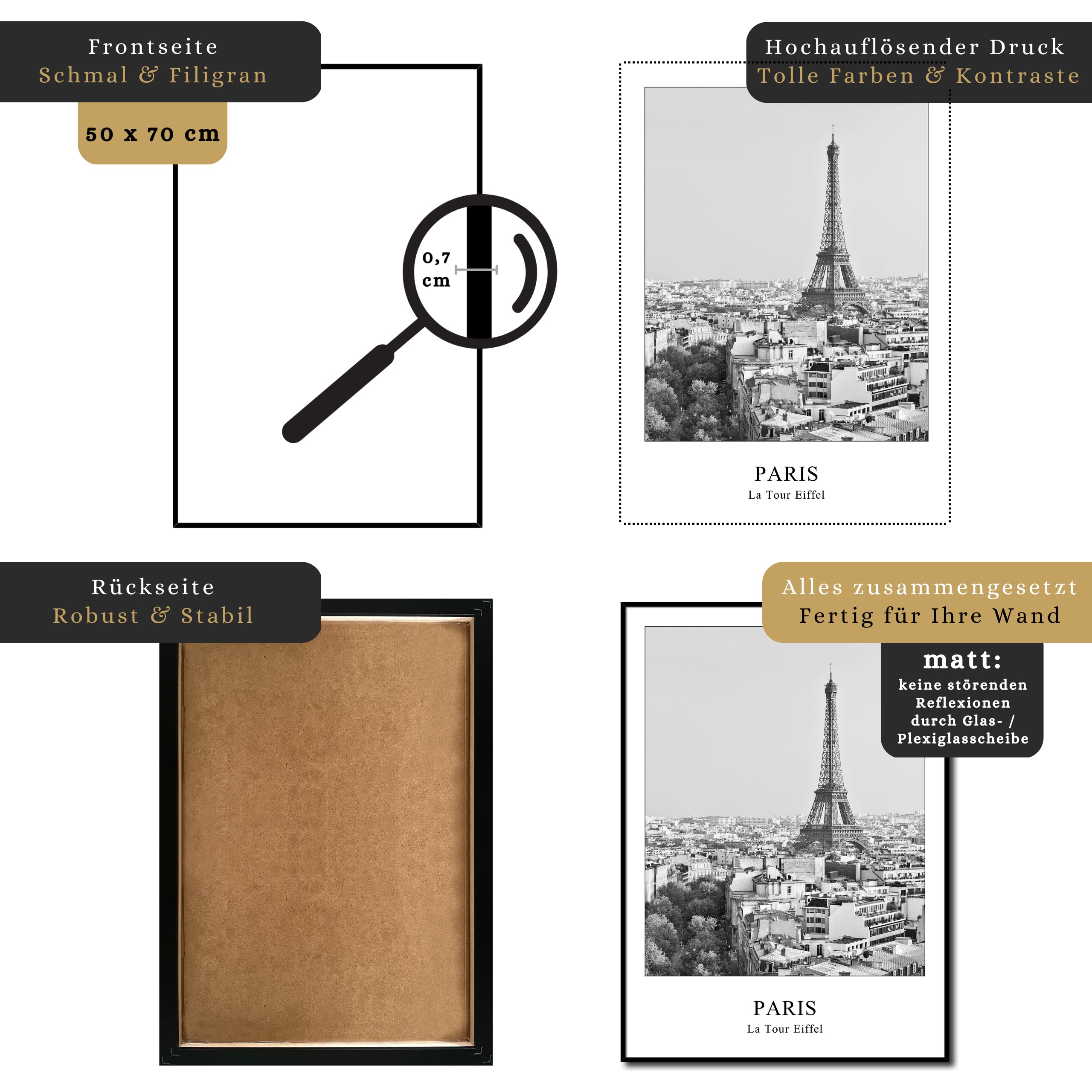 daazoo Rahmenbild Paris La Tour Eiffel | Wandbild mit Rahmen schwarz Hochformat | Bild Poster Stadt | Herbst Eiffelturm hell | Geschenkidee | Wohnzimmer Büro | schwarz weiß | 50 x 70 cm
