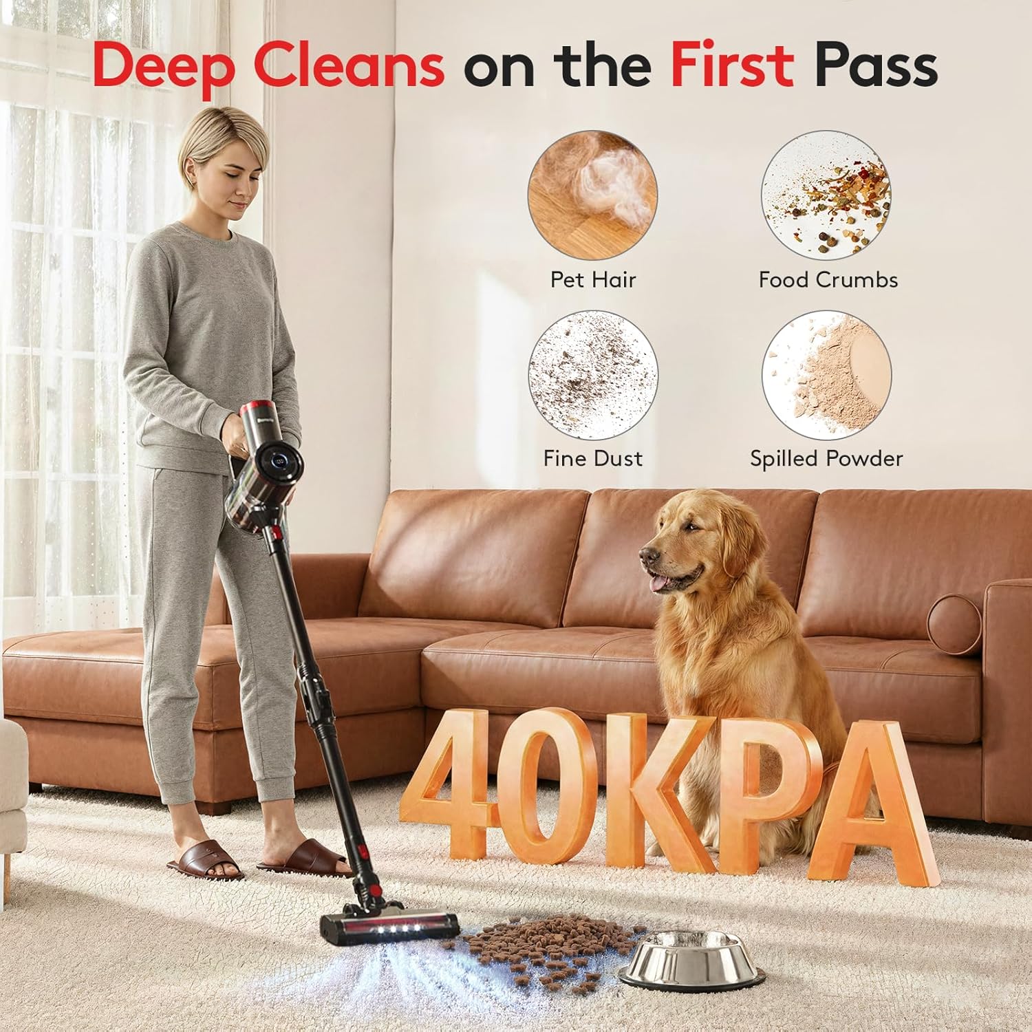 RONEAIR Cordless Vacuum Cleaners for Home,40Kpa 45Mins Vacuum Cleaner Cleans Under Furniture Without Bending,Self-Standing,Powerful Stick Vacuum Cordless for Pet Hair,Hard Floors,Carpets,Car