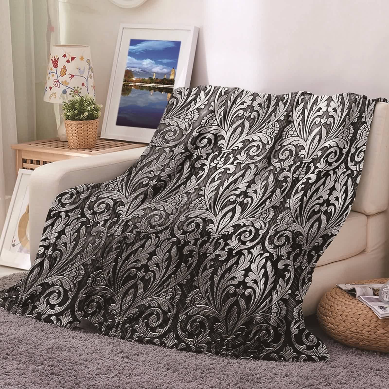 Manta Sofa Invierno Blanca, Manta Viaje Franela Gris Estampado de Flores 160x200CM Blanket Couch Cama Suave Calentita Regalo