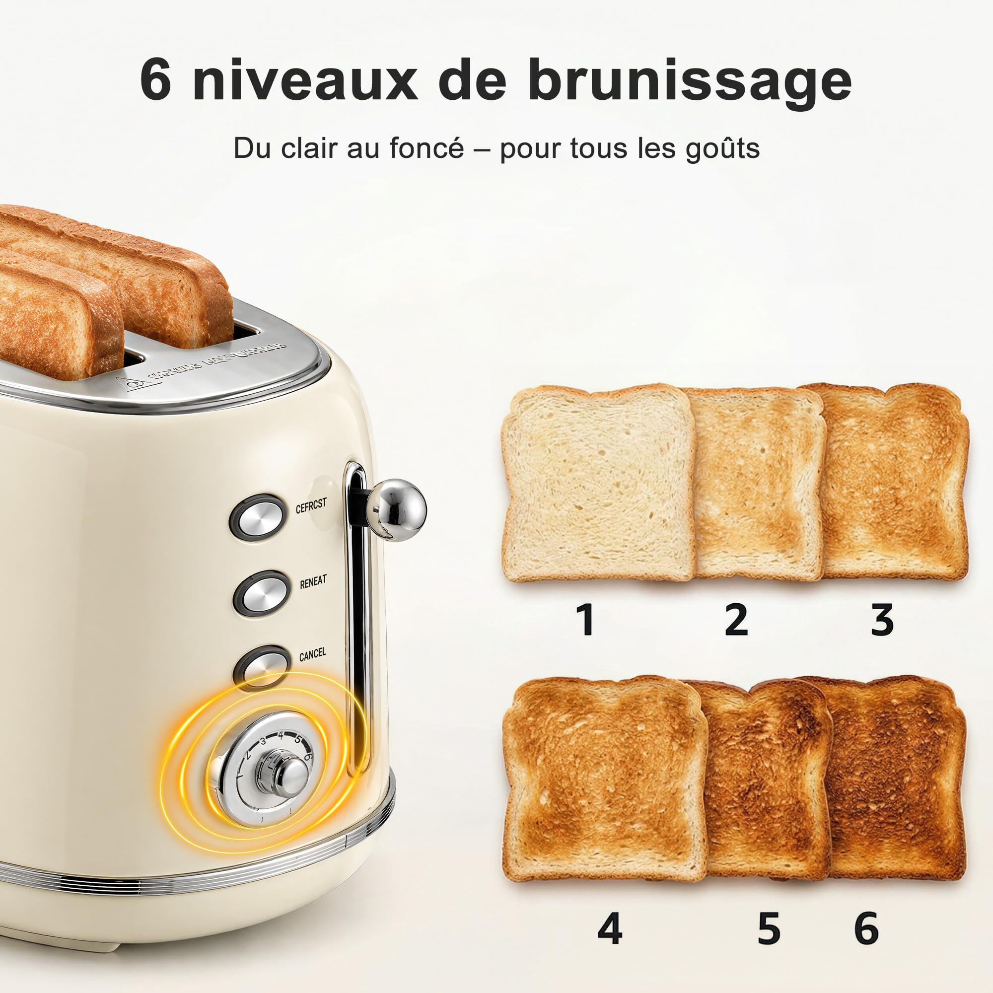 Wiltal Grille-Pain Rétro 2 Fentes Acier Inoxydable - Compact Support Viennoiseries, 6 Niveaux, Décongélation, Réchauffage, Arrêt Automatique