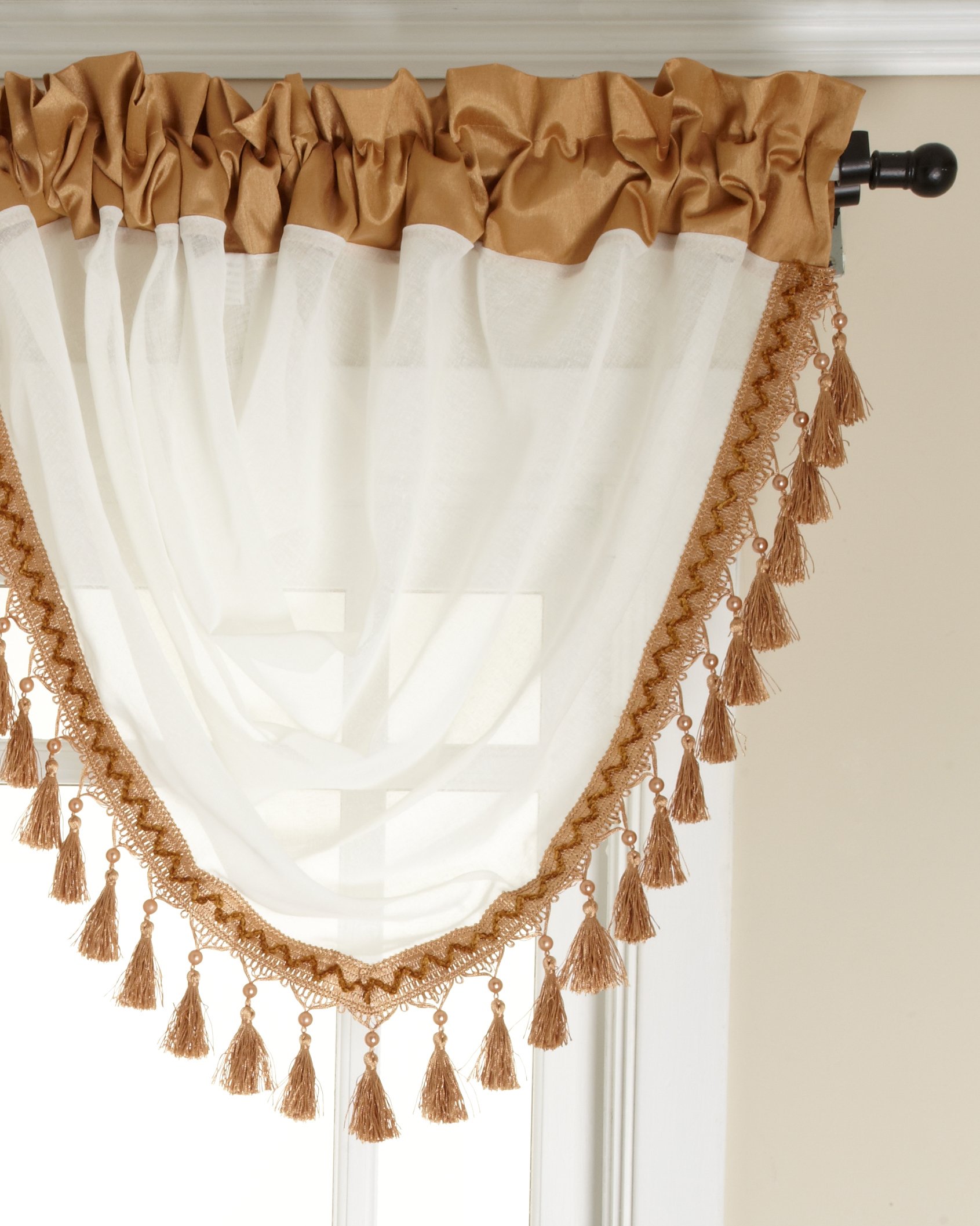 Soho Sheer Waterfall Valance with Faux Silk Band and Fringe, Truffle, 47 by 38-Inch