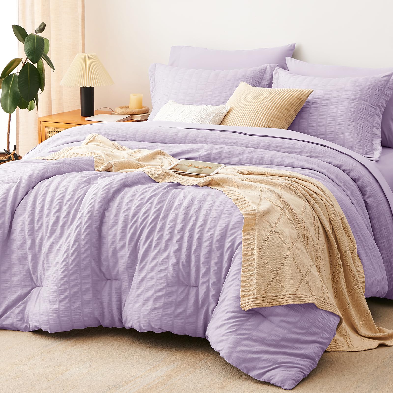 CozyLux Full Comforter Sets, 7 Pieces Light Purple Seersucker Bed in a Bag