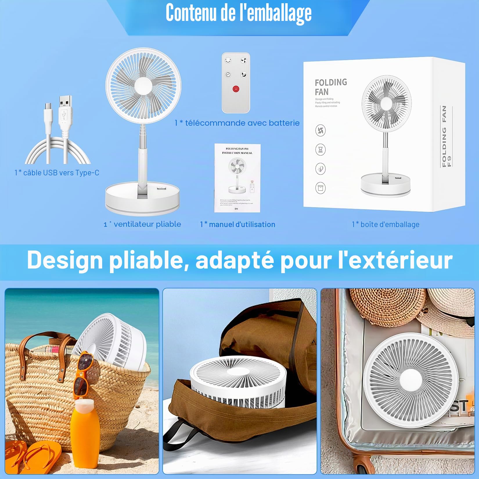Ventilateur sur pied portable pliable oscillant 8,6" 8 000 mAh Batterie rechargeable USB C Petit ventilateur de table avec télécommande, piédestal silencieux pour maison, sommeil, bureau, voyage