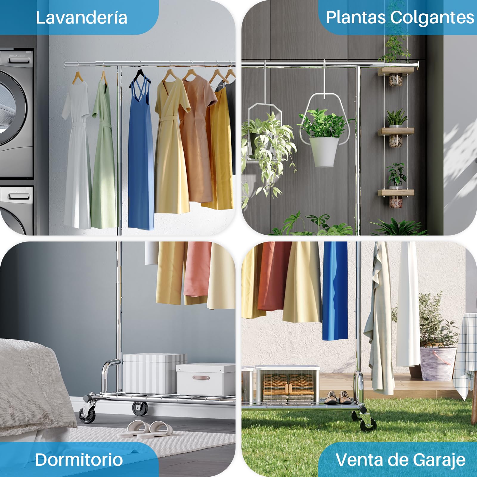 HOKEEPER Burro de Ropa Resistente 238kg, Barra Extensible con Ruedas Bloqueables y Estante, Ahorra Espacio para Dormitorio, Apartamento, Lavandería, Plateado