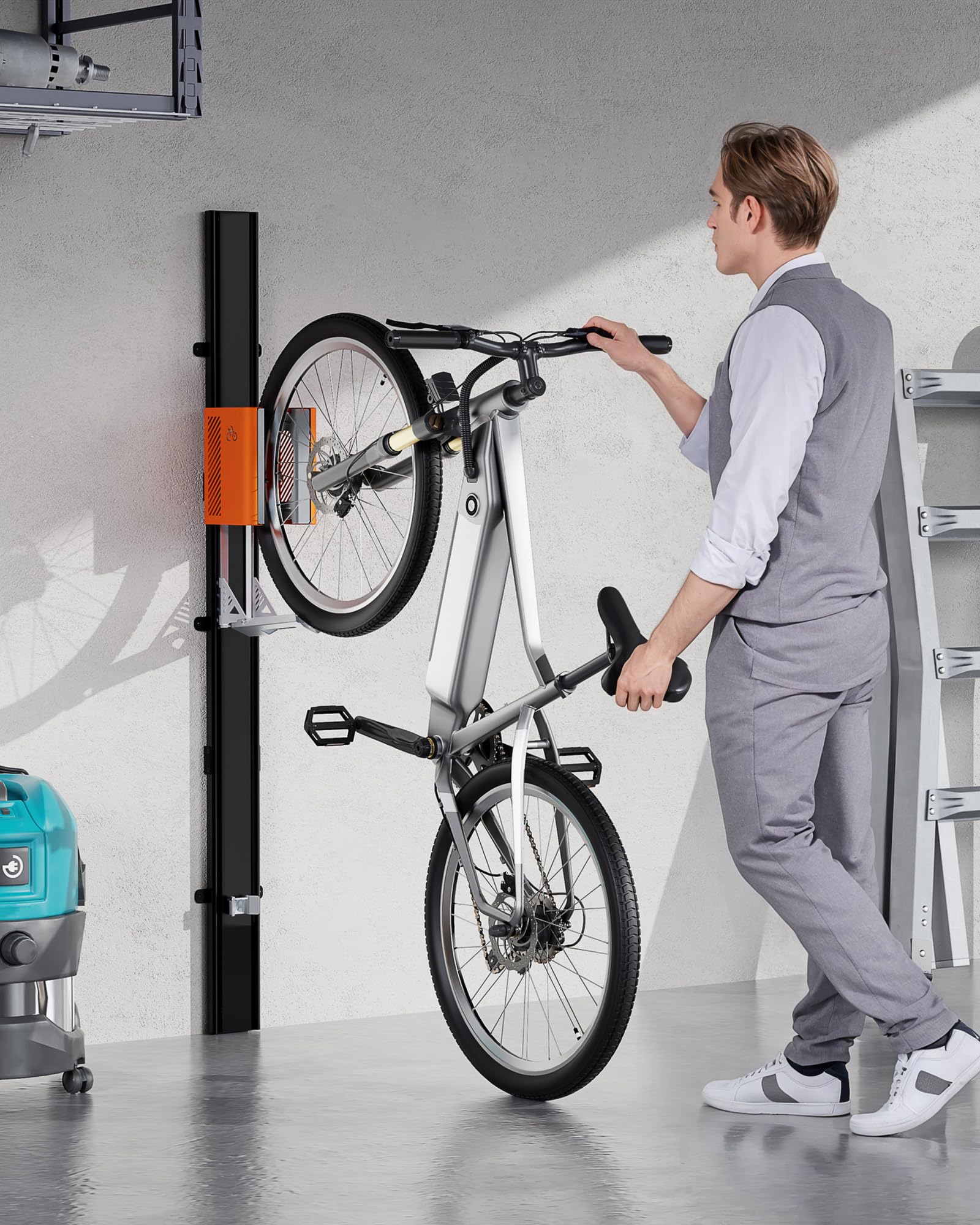 monTEK Automatischer Fahrradlift – Vertikaler Fahrradträger für schwere Fahrräder (bis 32 kg) – Einfache Montage, platzsparende Wandhalterung für Garage, Schuppen, Wohnung – Für 24-29" Reifen, E-Bikes