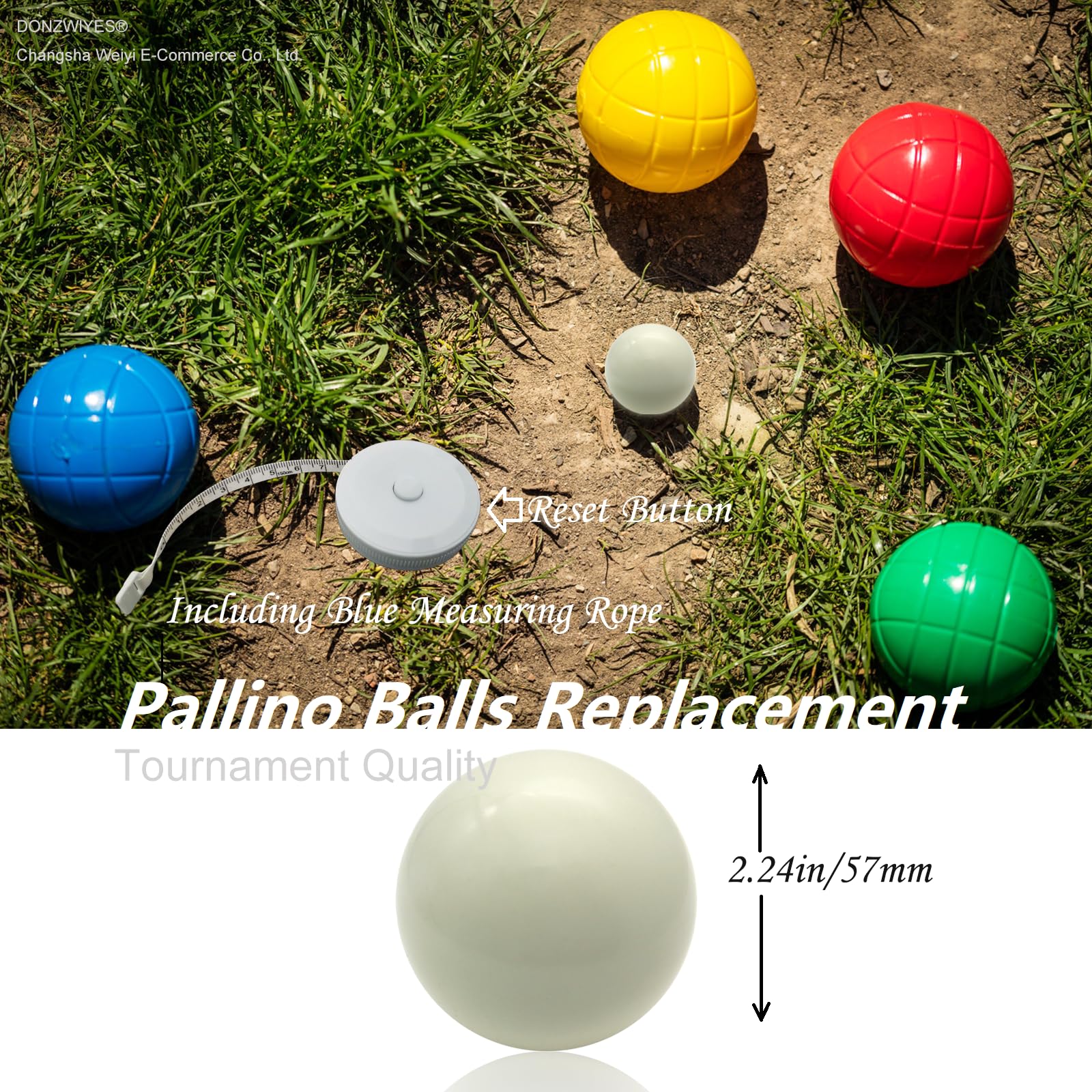 Pallino - Bola de repuesto para juego de pelota de bochas y juegos de boule, calidad de torneo, 57 mm, repuesto de bola blanca de Bocce Pallino, incluye cuerda de medición azul