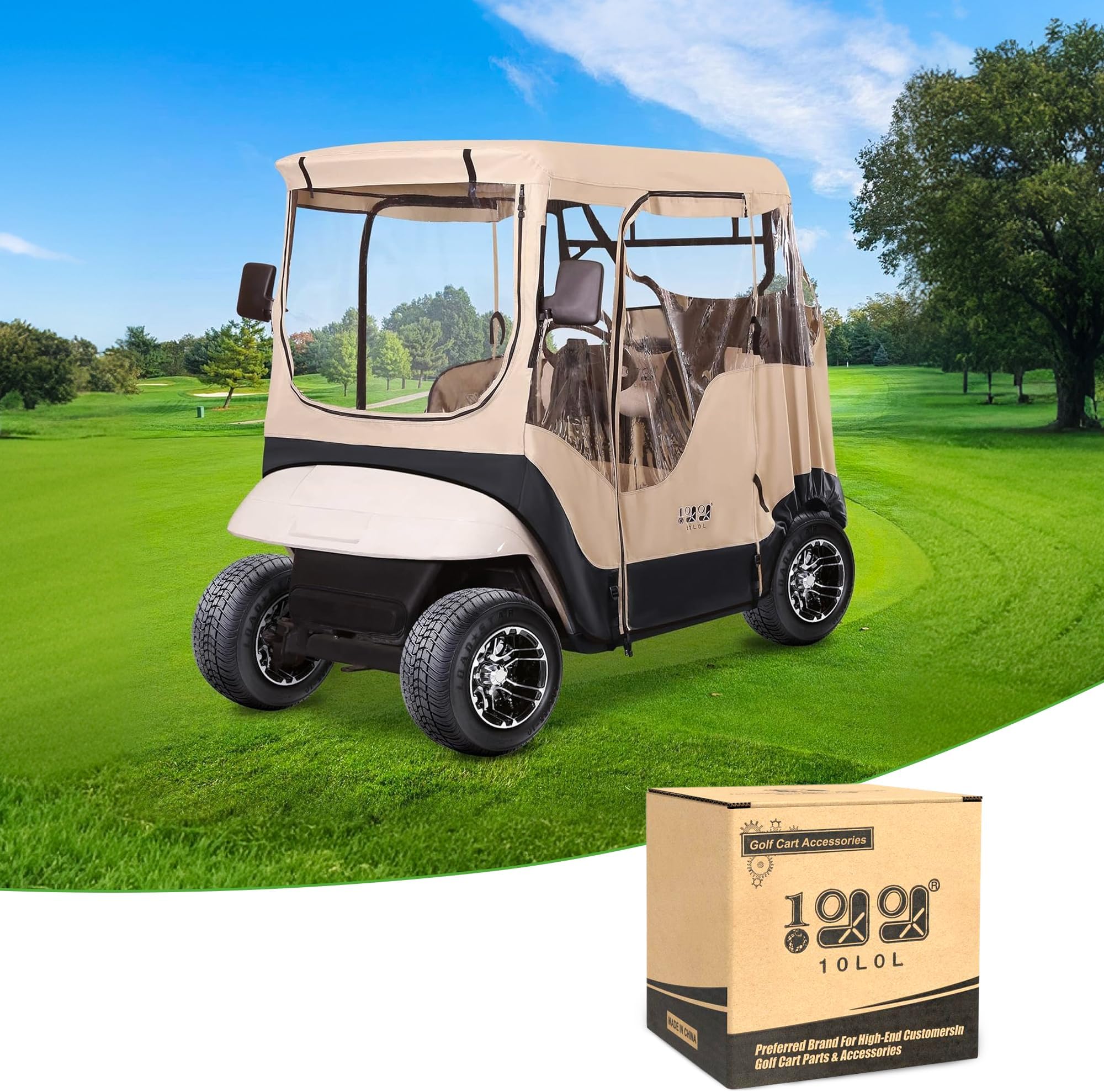 10L0L 2/4 Passenger Golf Cart Driving Enclosure for EZGO TXT/RXV Model, 4-Sided Clear Window 600D Rain Cover All Weather Windproof Waterproof - Black/Beige