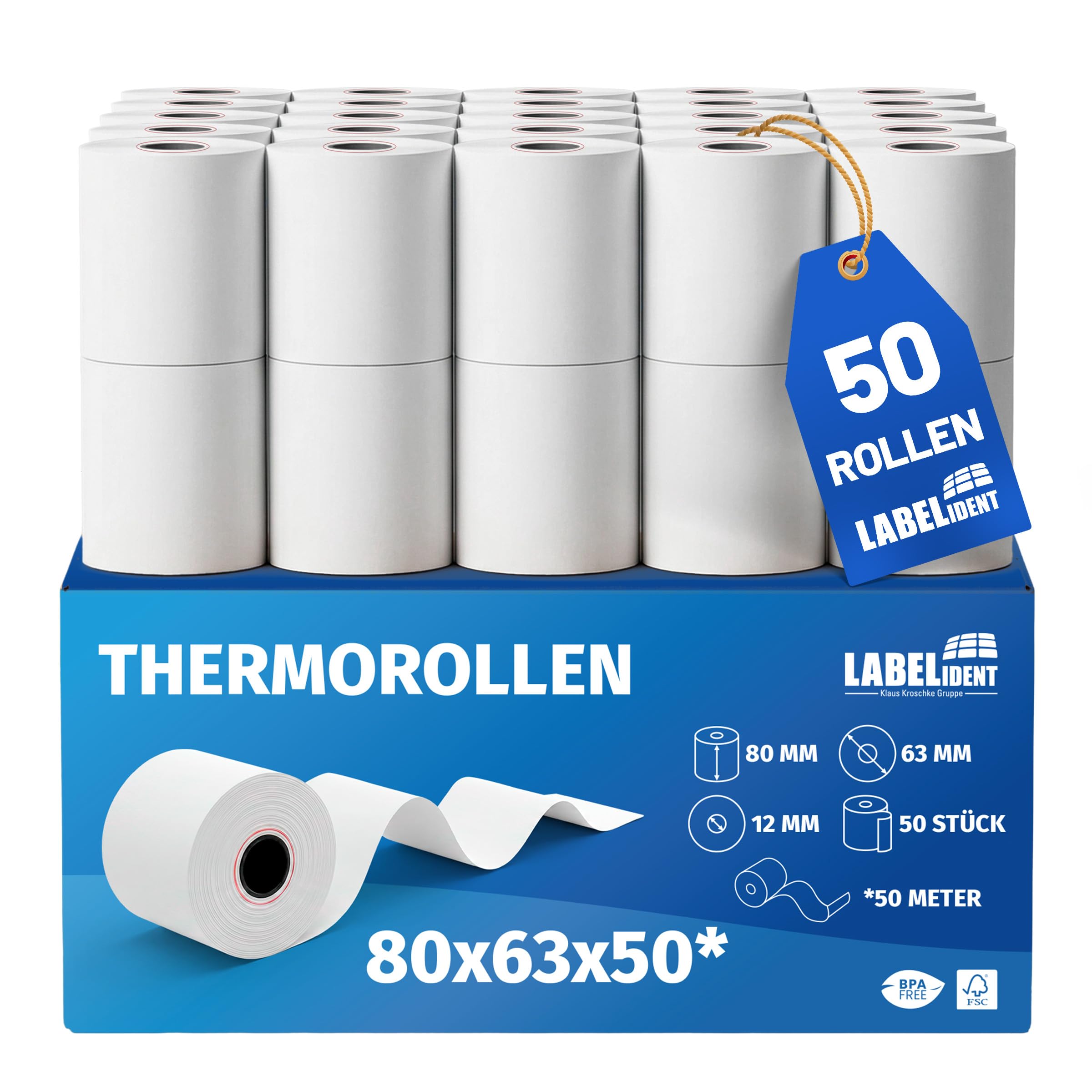 Labelident 50x Thermorollen 80mm x 50m x 12mm, Ø 63 mm, 55 g/m² | Bpa freie Bonrollen, Kassenrollen für alle gängigen Thermo Kassen-Bondrucker