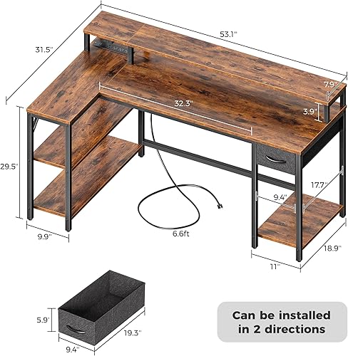 Miniatura 7 de SUPERJARE Escritorio reversible en forma de L de 53 pulgadas con luces LED y tomas de corriente, escritorio para computadora con estantes y soporte