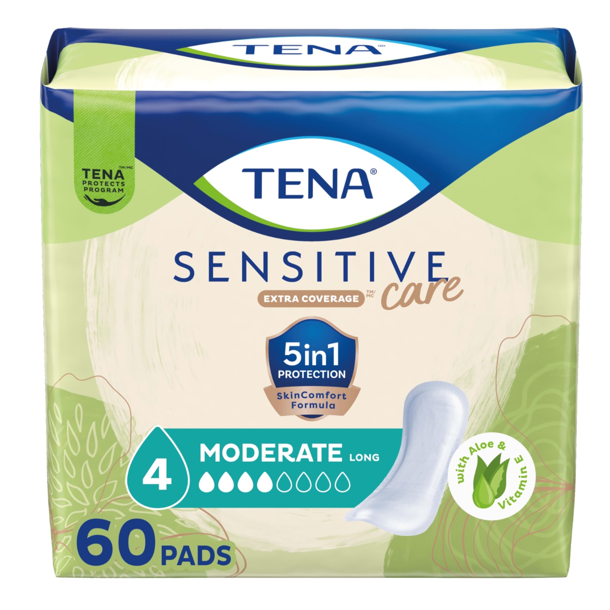 TENA Sensitive Care Incontinence Pads Moderate Absorbency Long Length, 60 Count