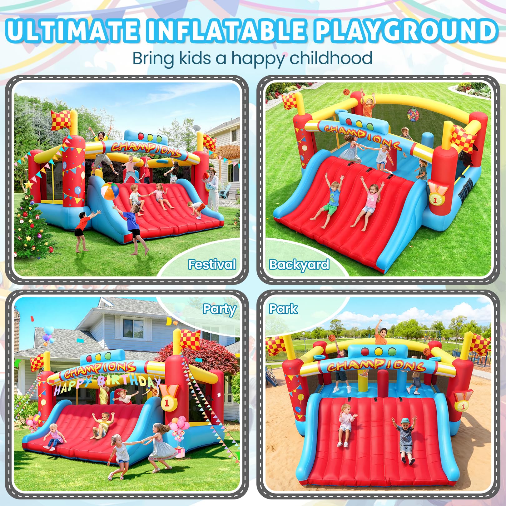 AKEYDIY Gran Casa de Rebote Inflable para Niños Grandes, Casa Hinchable con Tobogán Extra Ancho/Temas de Carreras de Escalada para Centro de Juego - Obstáculos de Patio Trasero, Castillo Hinchable