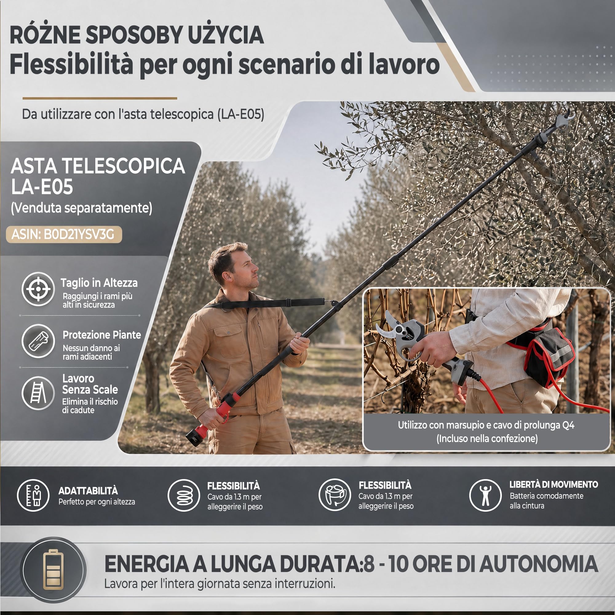 Laecabv 40mm Forbici Potatura a Batteria, Professionali, LCD,2 Batterie di Litio da 4Ah, Taglio Progressivo, Forbici Potatura Elettriche da Cesoie Olivo Vigneto (LA40SGYBK)