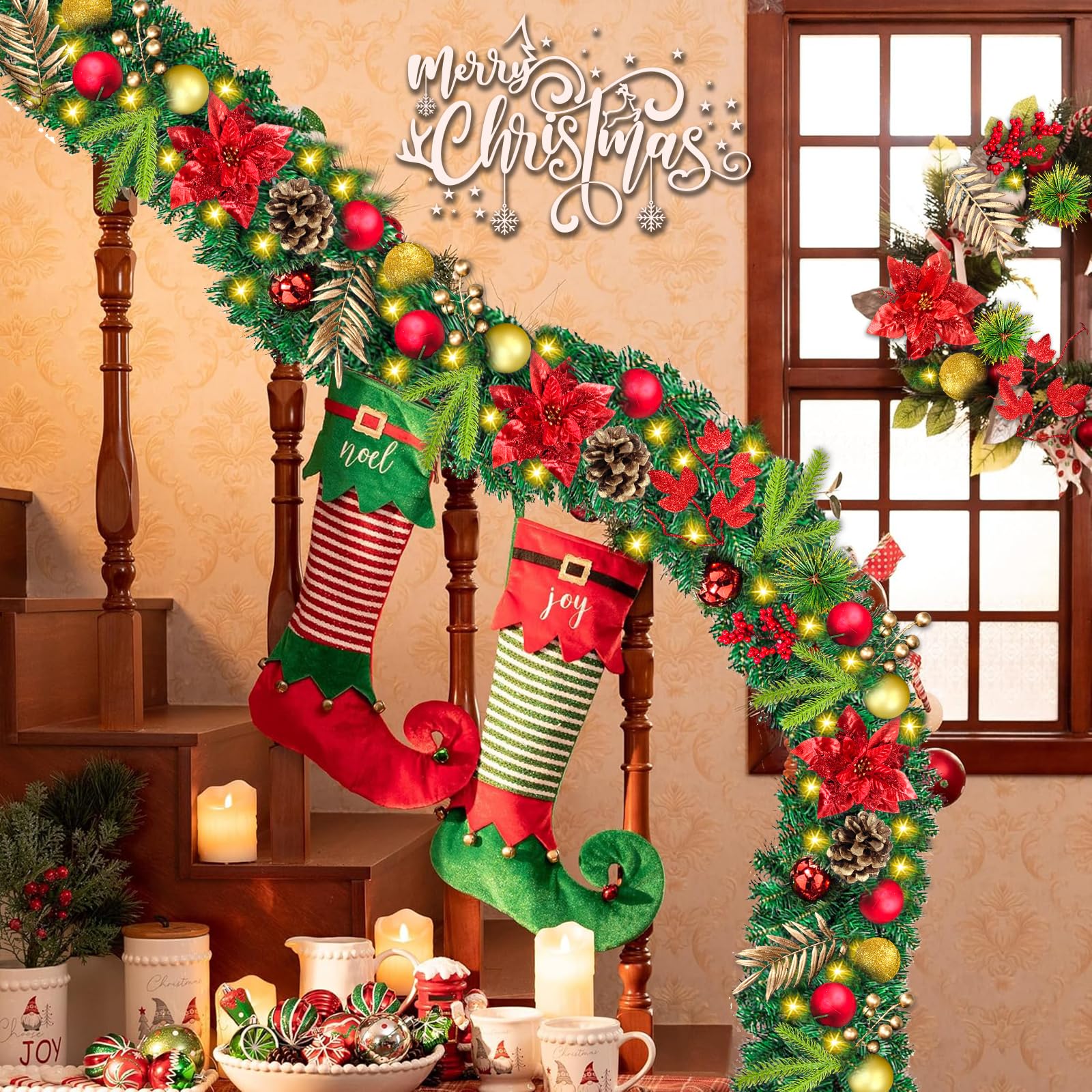 Guirnalda Navidad 270 cm Con Luces - Adorno Para Escaleras, Puerta, Arco y Ventanas