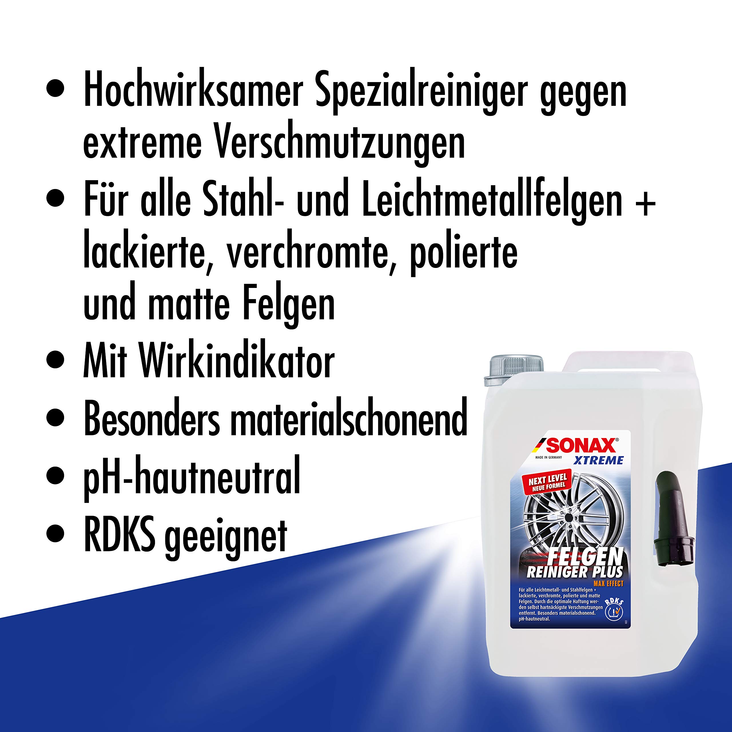 SONAX XTREME Felgenreiniger PLUS (5 Liter) & FelgenBürste (1 Stück) zur Entfernung von hartnäckigen und schwer zugänglichen Verschmutzungen von Stahl- und Alufelgen | Art-Nr. 04179000