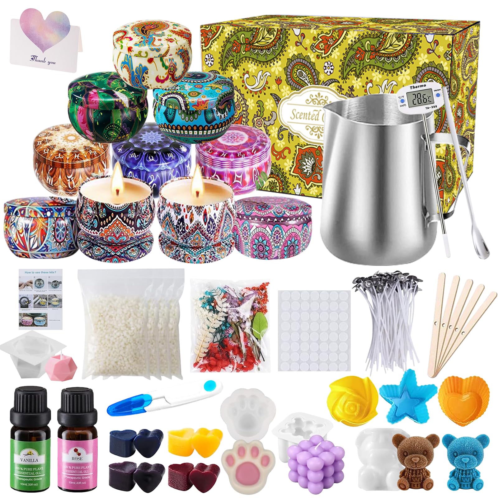IGUGI Kit de Fabricación para Velas,Herramienta para Velas de Bricolaje,80 Mechas para Velas de Caseras,10 Frascos para Velas,Kit Hacer Velas para Festival Regalos