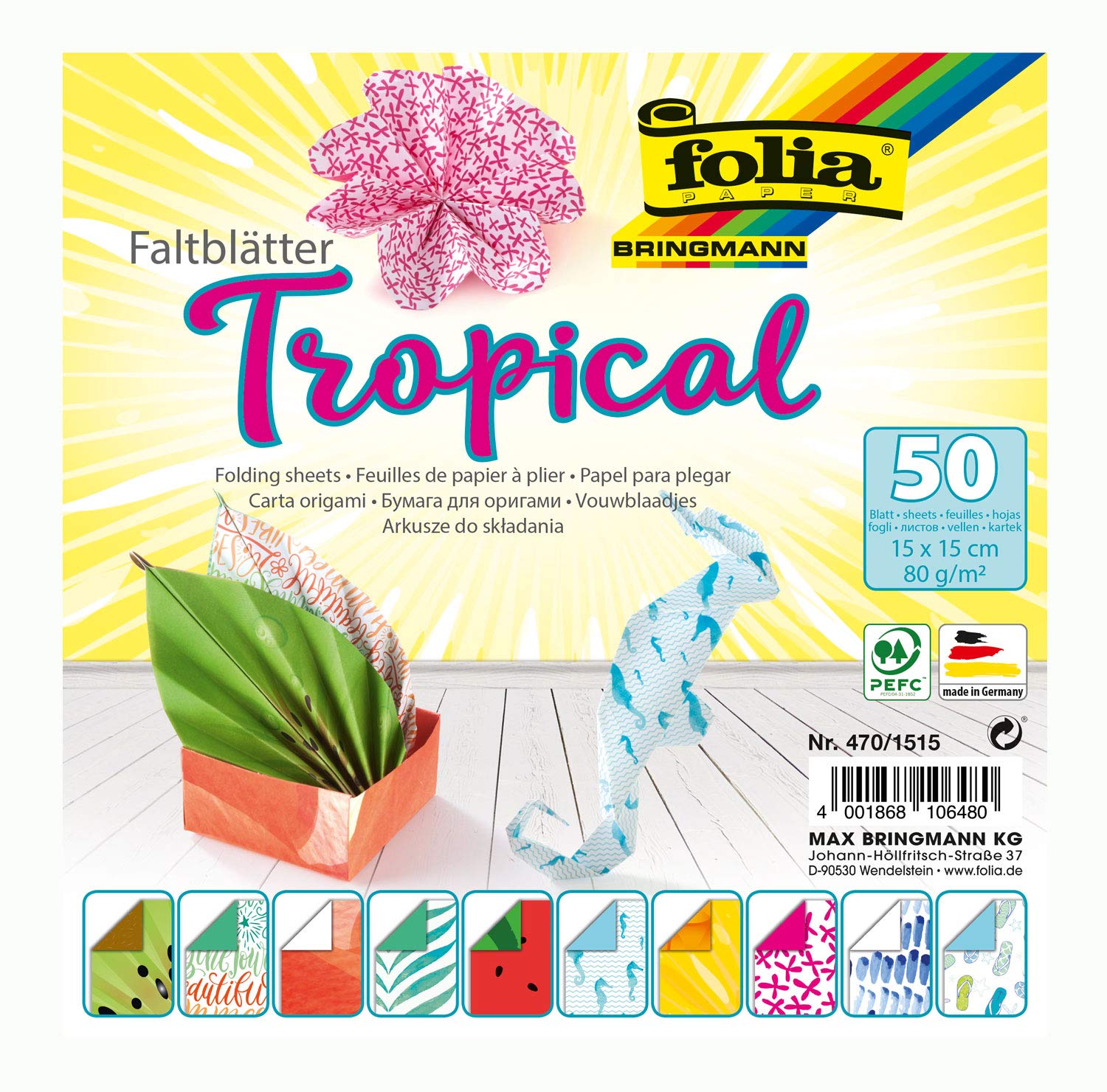Folia 470/1515 Tropical 15 x 15 cm, 80 g/m², 50 Sheets Assorted in 10 Designs – Ideal for Beautiful Folding Figures and Shapes, Colourful