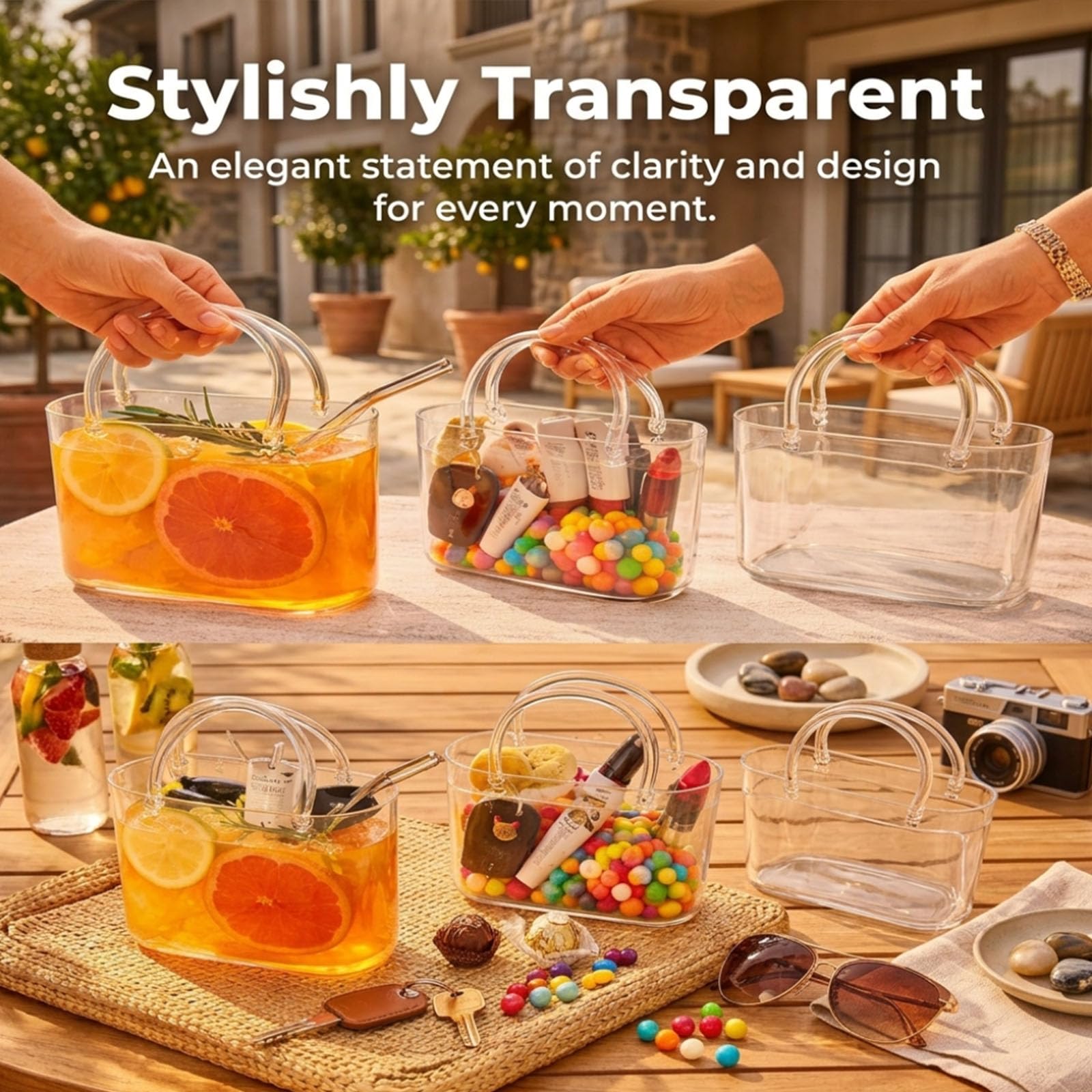 Borsa in vetro per bevande, 760 ml, bicchiere a forma di borsetta con cannuccia e manico, bicchieri creativi da cocktail per vino e bevande, regalo unico fatto a mano per donne (6 pezzi)