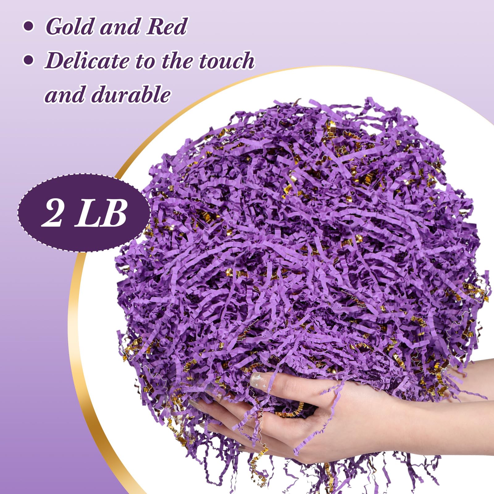 Outus Carta increspata da 0,9 kg, per confezioni regalo, carta stropicciata metallizzata, sminuzzata, carta velina, erba pasquale, per matrimoni, compleanni, confezioni regalo (viola, oro)