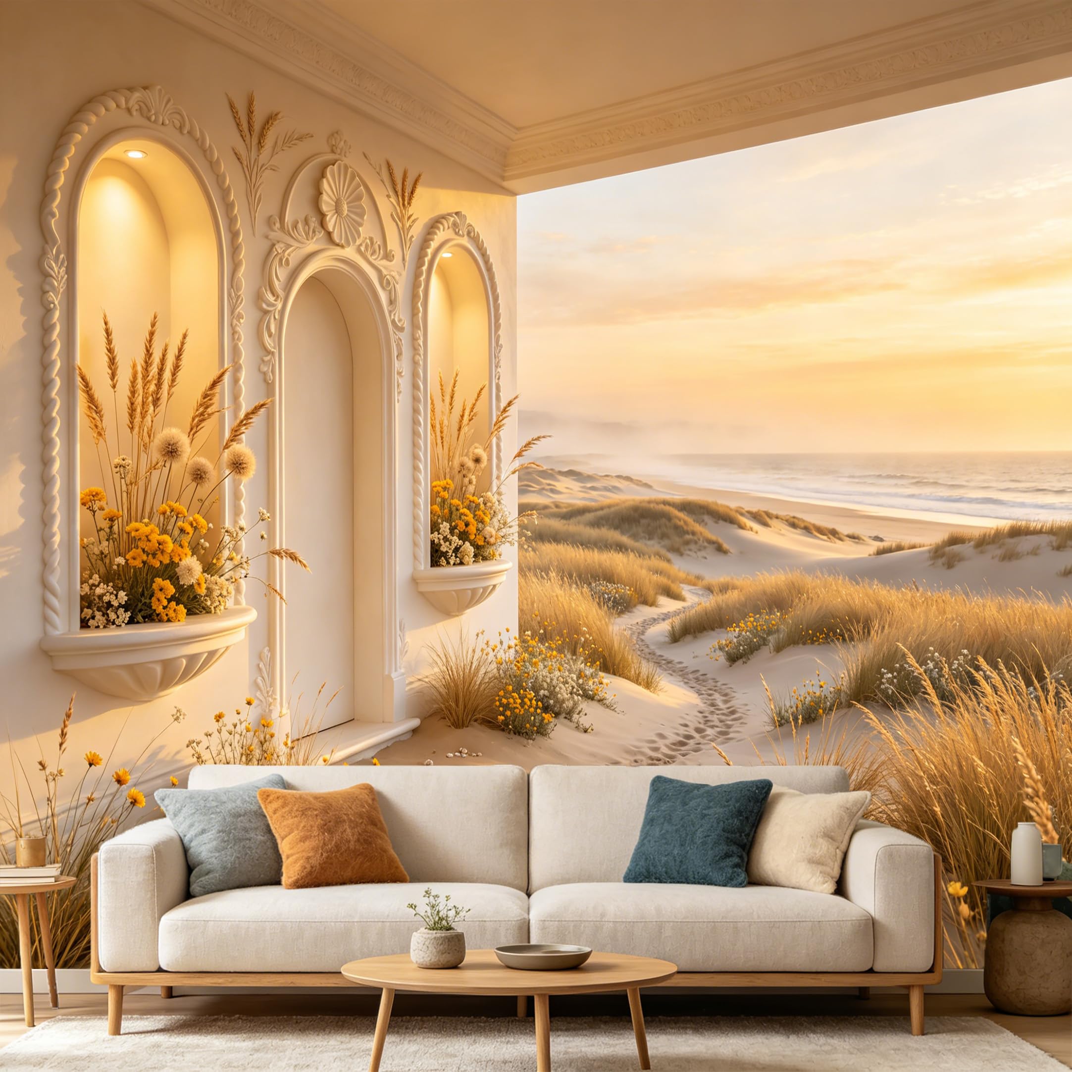 Custom Size Wall Mural， Coastal Beach Sunset Archway Golden Dunes Flowers， SelfAdhesive Art Prints wall Fabric Removable Large Wallpaper Home Living Room Decor